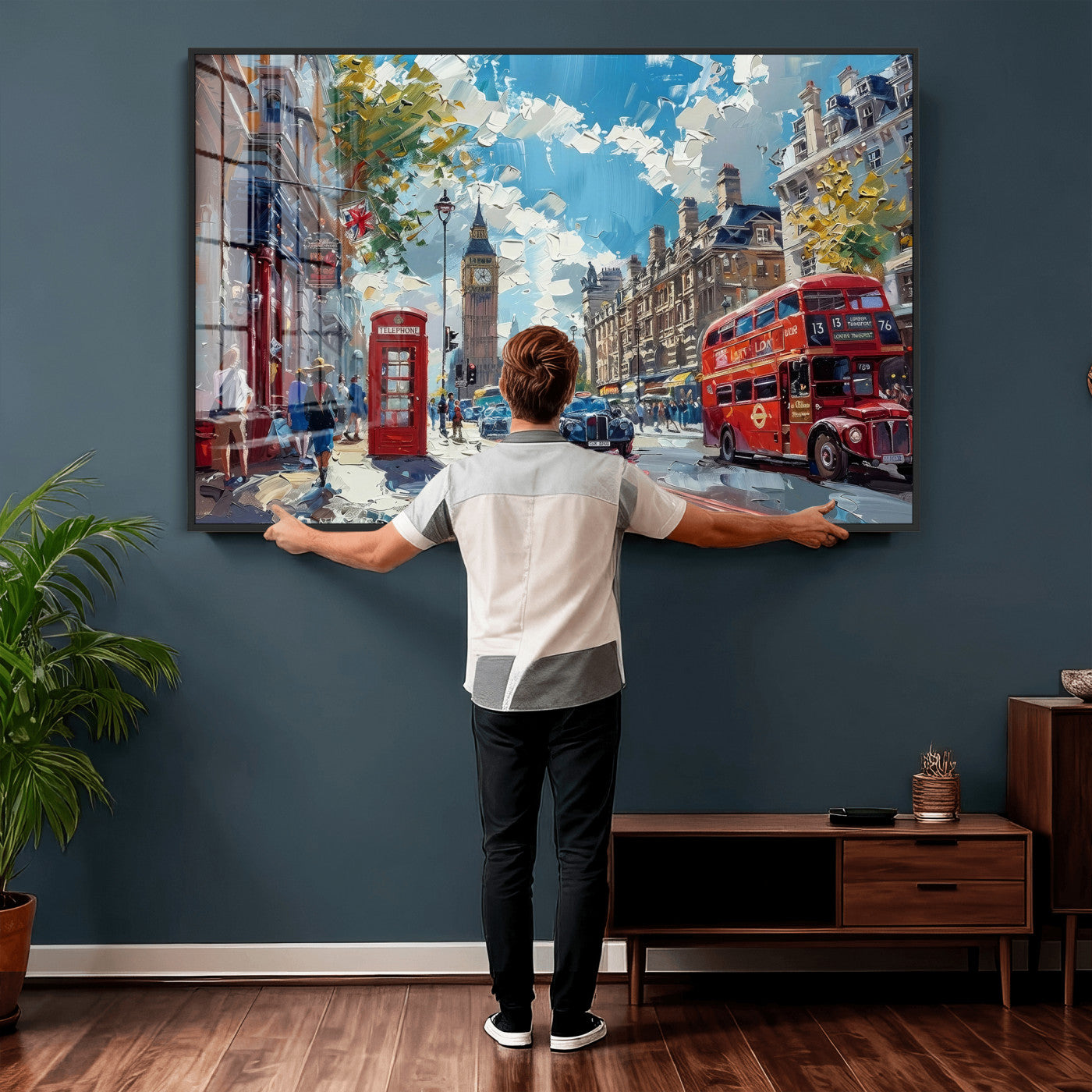 17630888-MGV-CV-36X24 - London Street Canvas Wall Art — Big Ben Red Bus Print | Oil Painting Style | UK City Wall Decor | Travel Art Gift | Living Room Print
