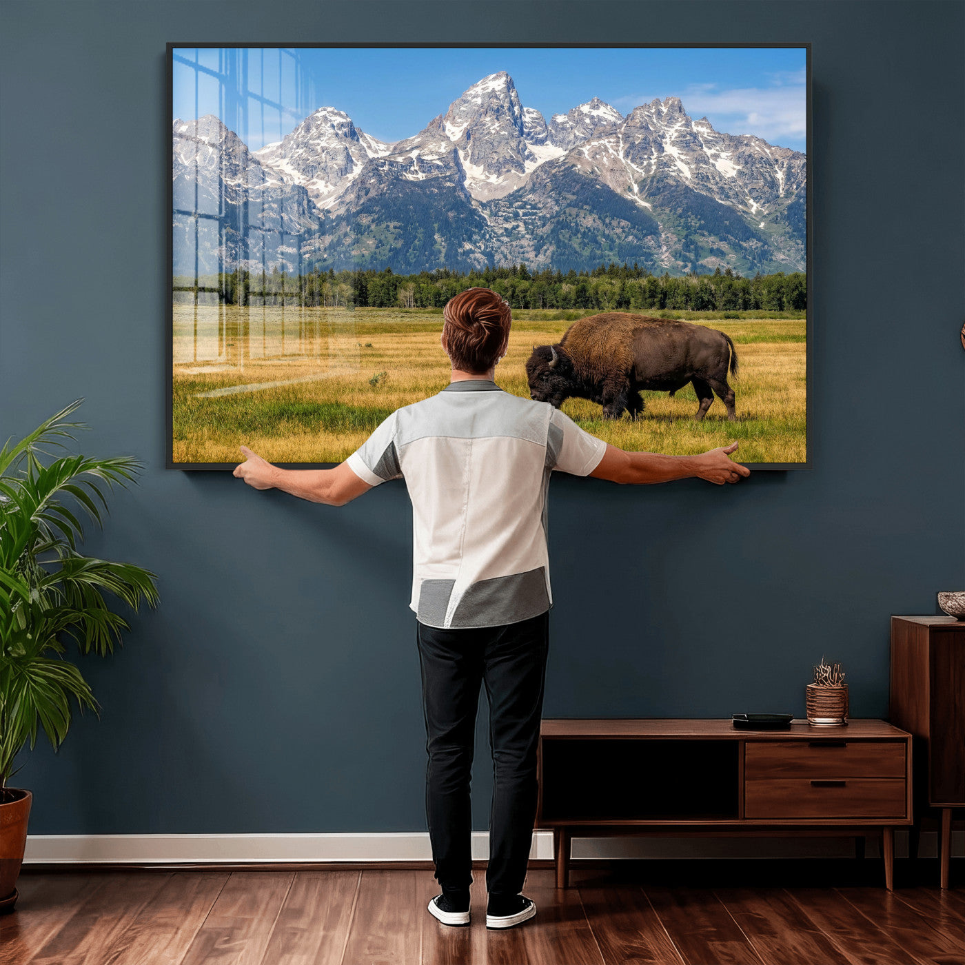 20424529-MGV-CV-36X24 - Bison in Mountain Landscape Wall Art Canvas Print – Western Wildlife Artwork for Rustic Living Room Decor