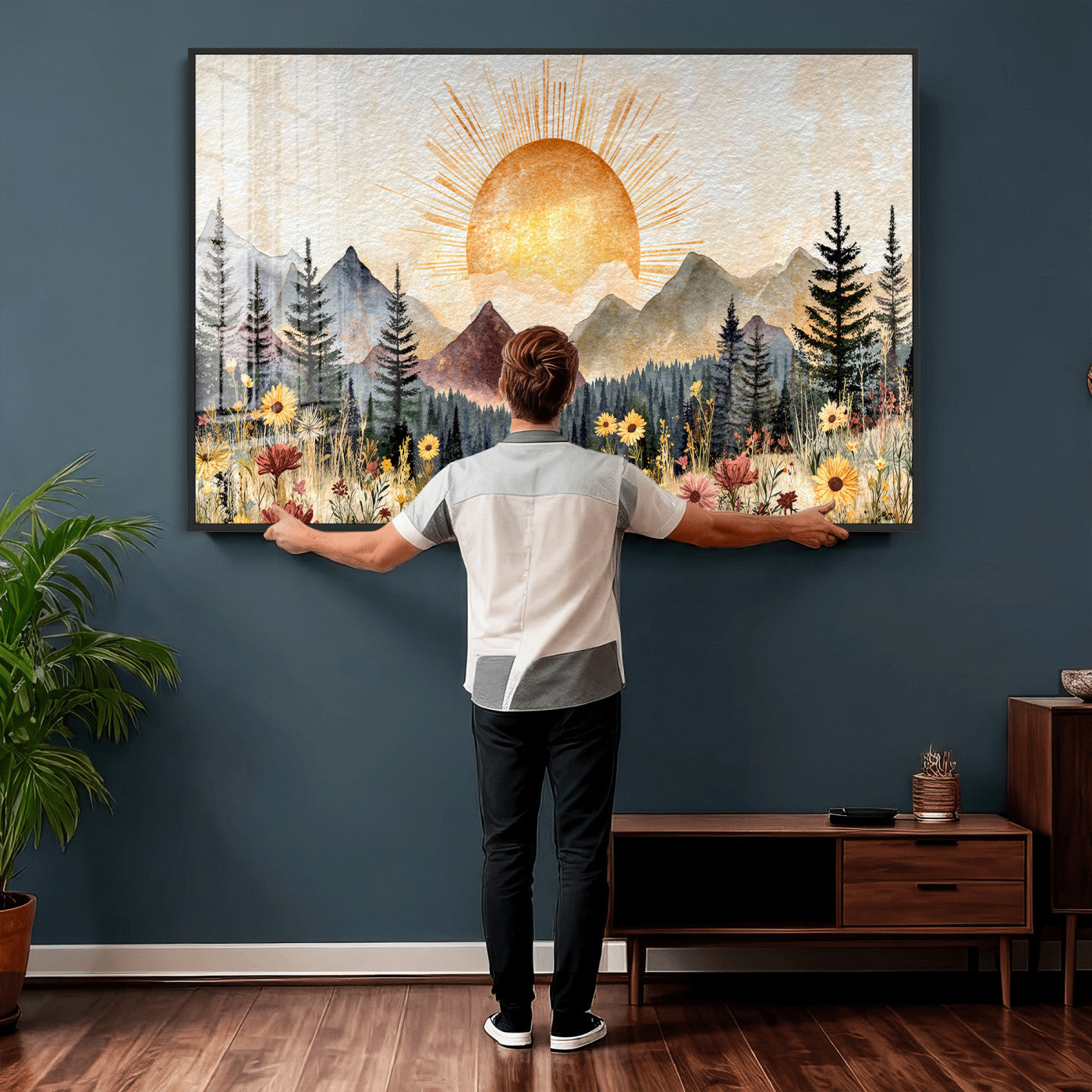 69025244-MGV-CV-36X24 - Boho Mountain Landscape Large Wall Art, Horizontal Gold Framed Canvas Print with Sun and Flowers