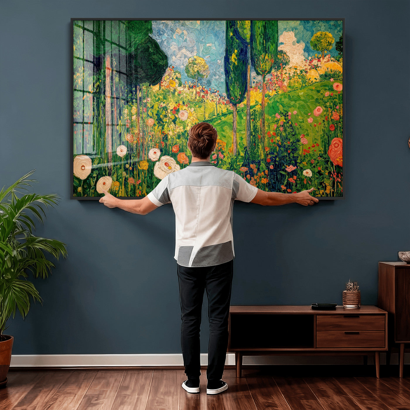 83517974-MGV-CV-36X24 - Gustav Klimt Boho Mountain Landscape Large Wall Art, Horizontal Gold Framed Canvas Print with Sun and Flowers