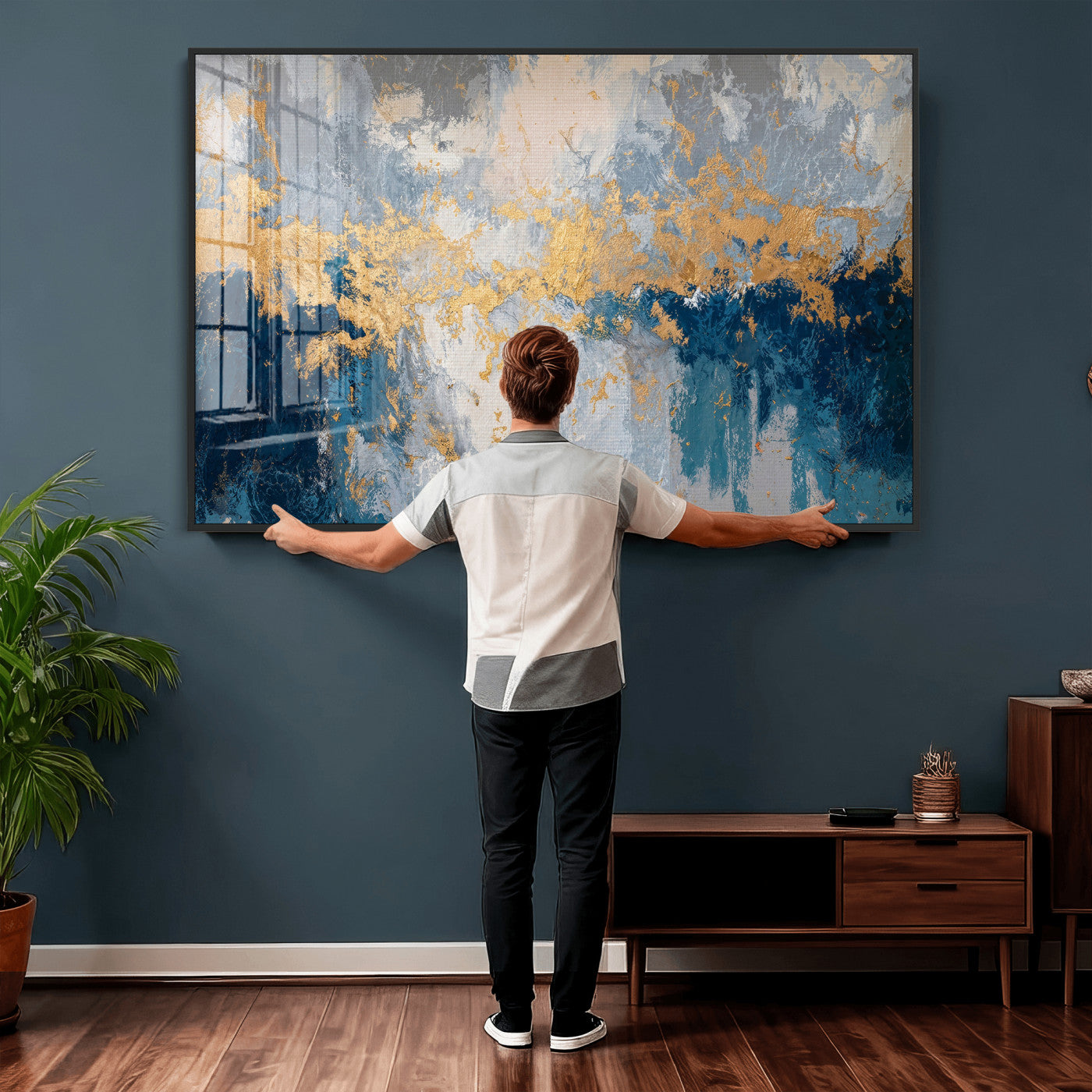 65386119-MGV-CV-36X24 - Blue Gold Abstract Large Framed Canvas Wall Art, Modern Luxury Painting Print in Horizontal Oversized Minimal Wall Decor Artwork