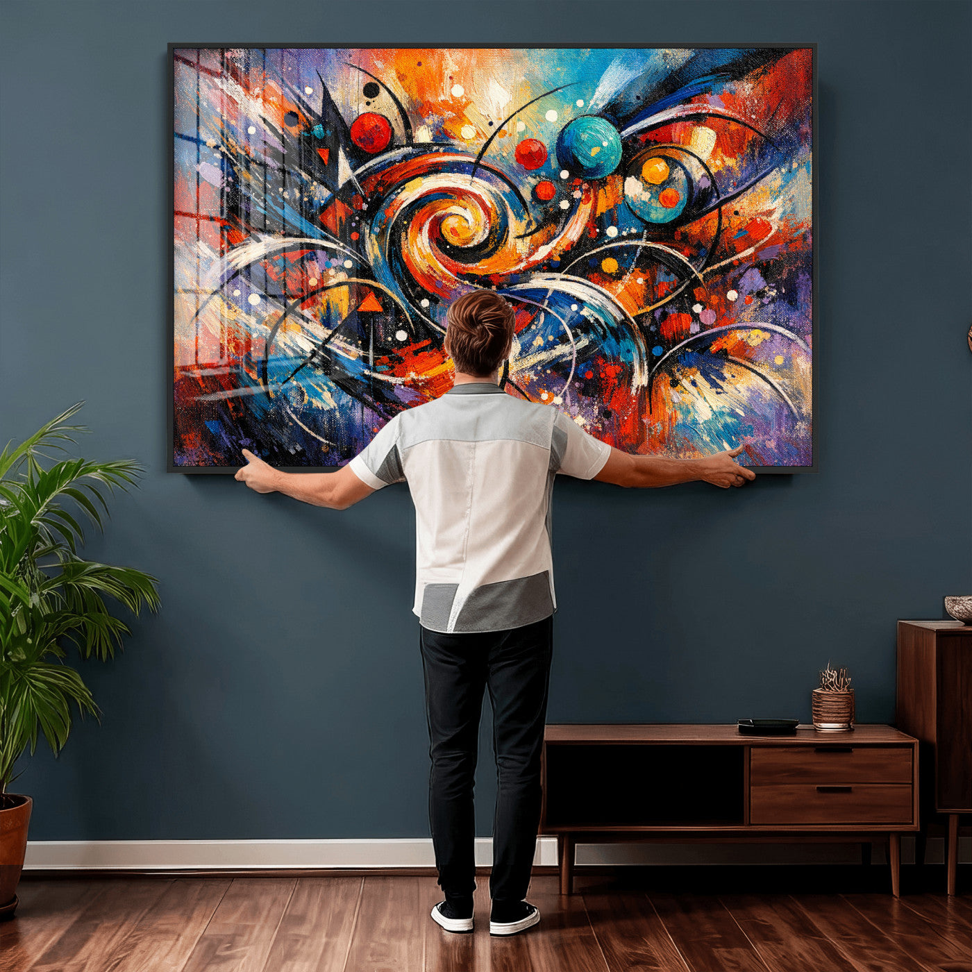 60193267-MGV-CV-36X24 - Geometric Abstract Wall Art Canvas Print, Orange Blue Abstract Expressionist Painting Print, Modern Geometric Abstract Canvas Art