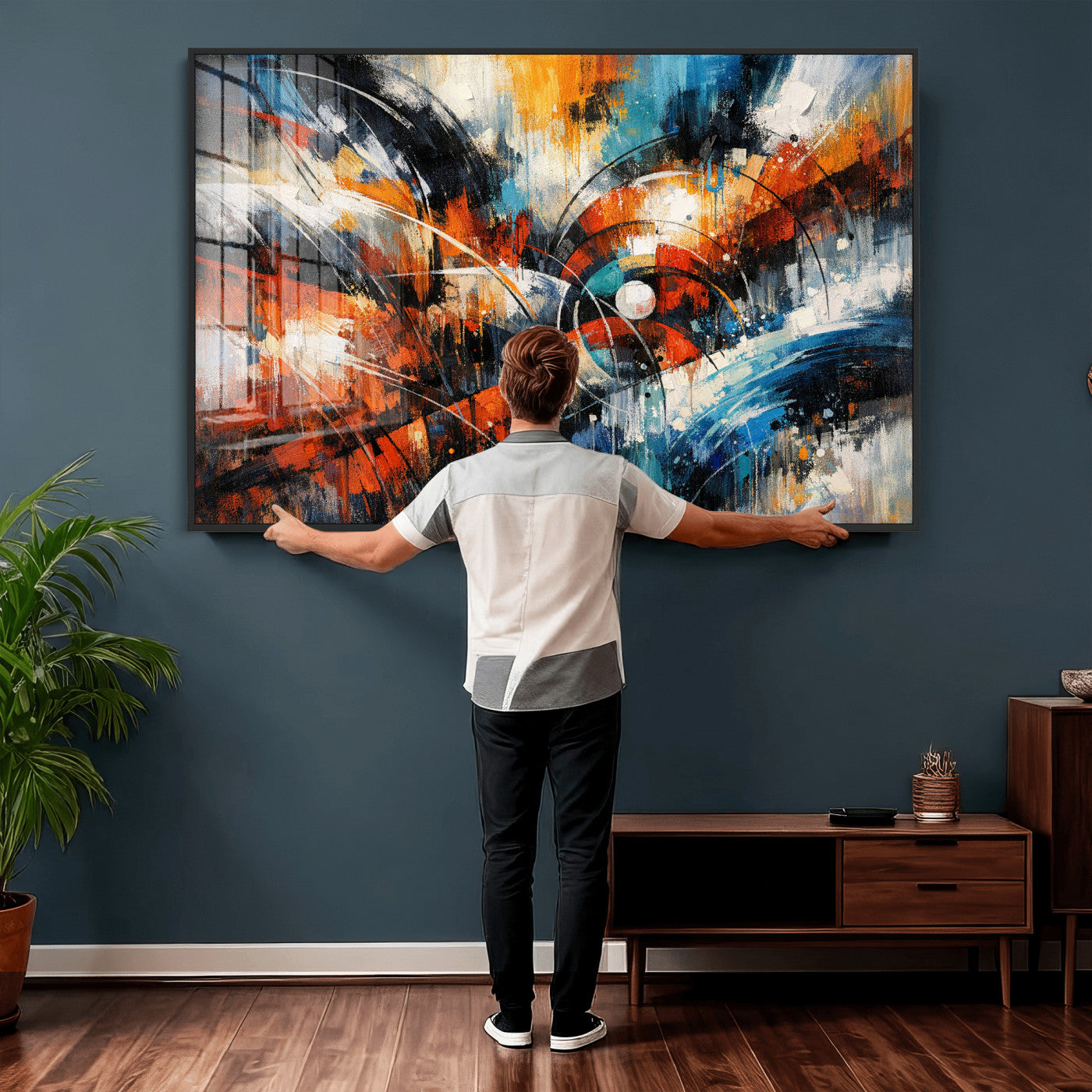 47120691-MGV-CV-36X24 - Geometric Abstract Wall Art Canvas Print, Orange Blue Abstract Expressionist Painting Print, Modern Geometric Abstract Canvas Art