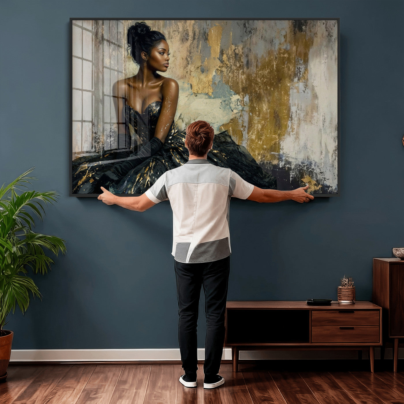 4712069Z1-MGV-CV-36X24 - Elegant Woman Canvas Wall Art — Black Gold Gown Fashion Print | Luxury Glam Wall Decor | African American Art | Bold Bedroom Wall Art Gift