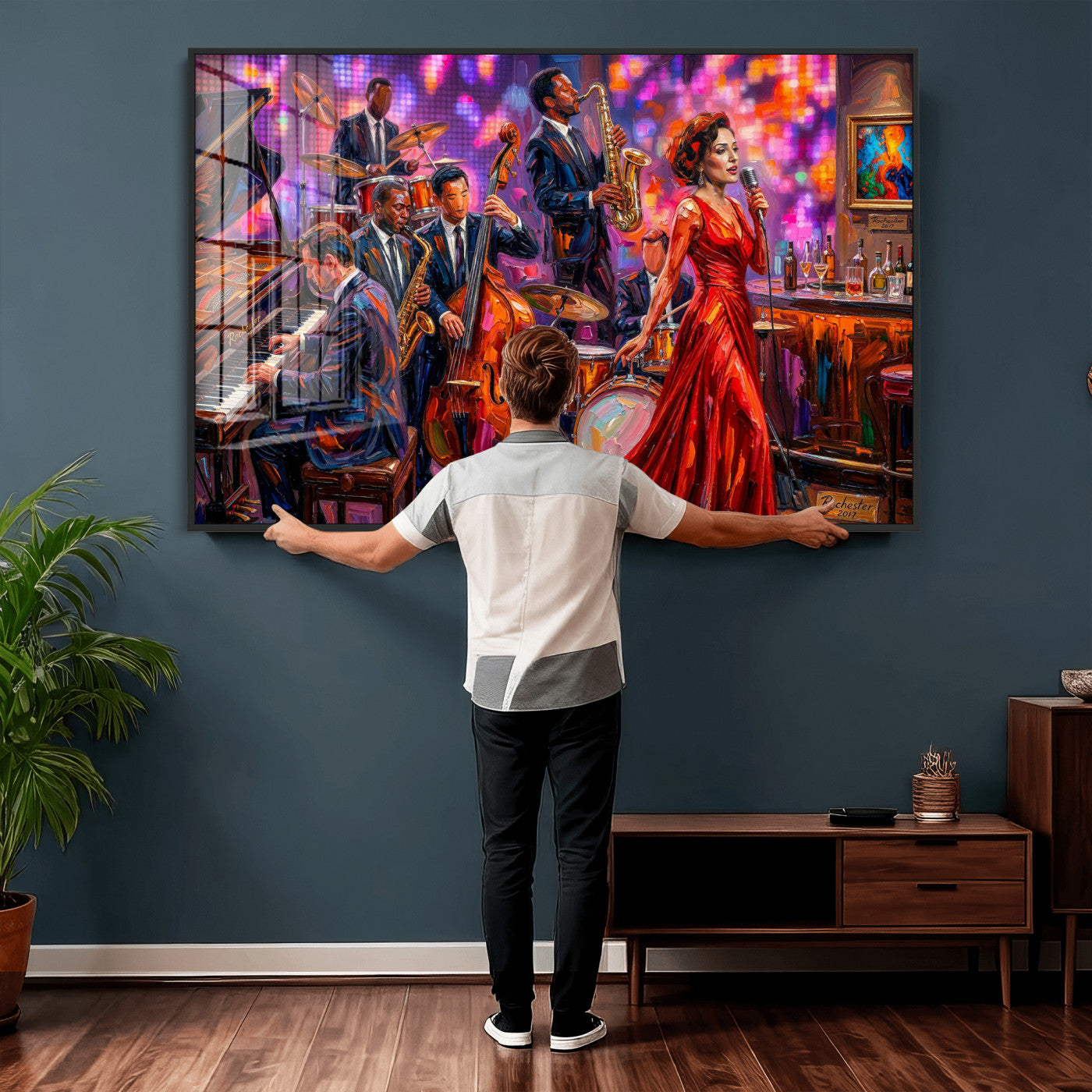 620930J20-MGV-CV-36X24 - Jazz Band Canvas Wall Art — Jazz Club Singer Saxophone Print | Music Wall Decor | Bar Restaurant Art | Music Lover Gift | Jazz Home Decor