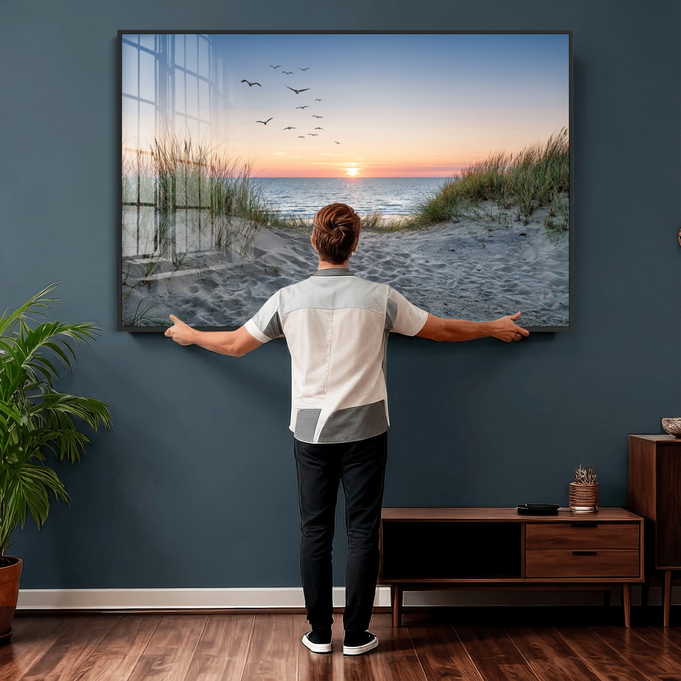 12172032-MGV-CV-36X24 - Sandy Dune Path Sunset Canvas Wall Art — Seagulls Beach Ocean Photography Print | Coastal Home Decor | Nautical Wall Art | Beach House Gift