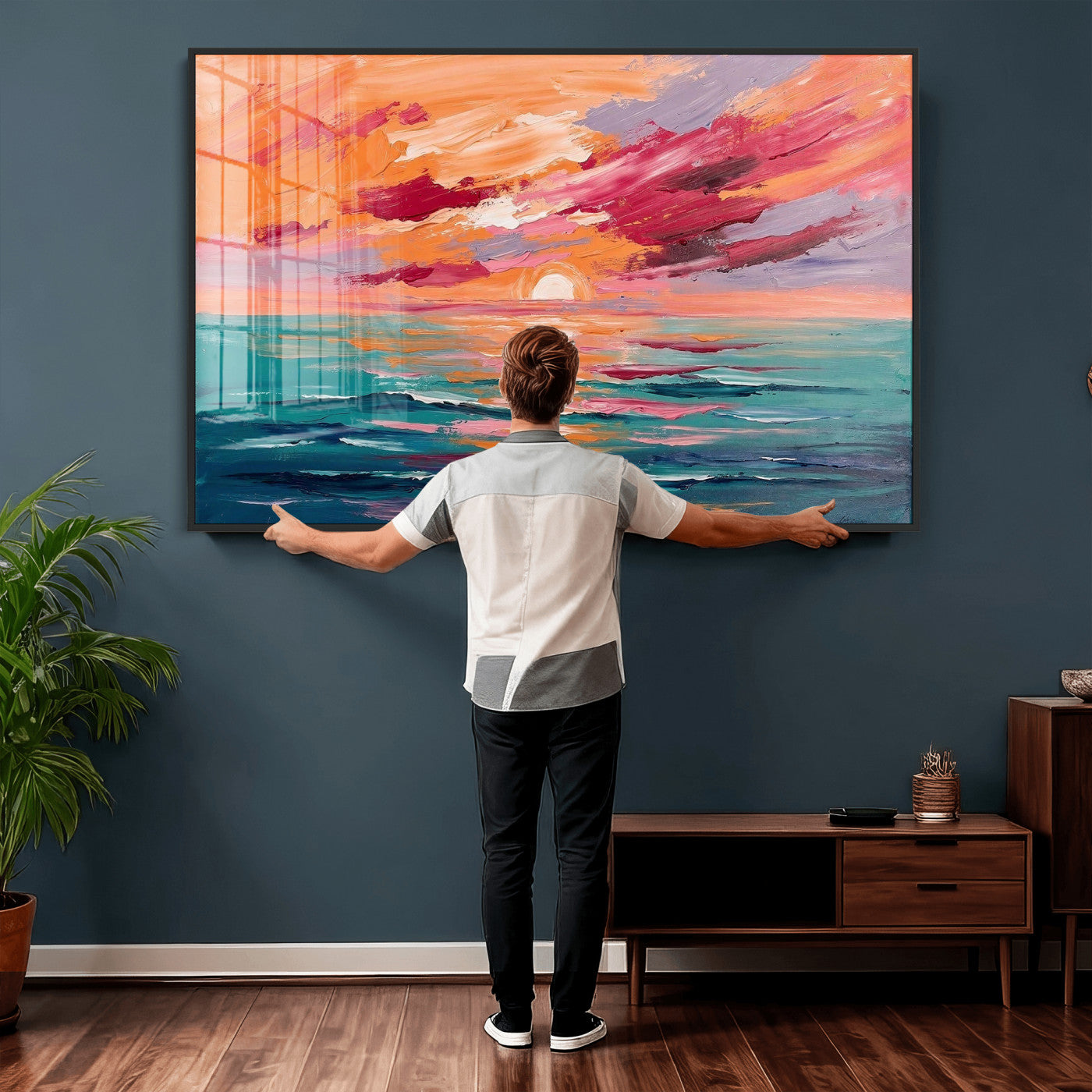 26763902-MGV-CV-36X24 - Bold Palette Knife Ocean Sunset Canvas — Orange Pink Teal Expressionist Sea Print | Colorful Coastal Wall Art | Vibrant Beach Decor Gift