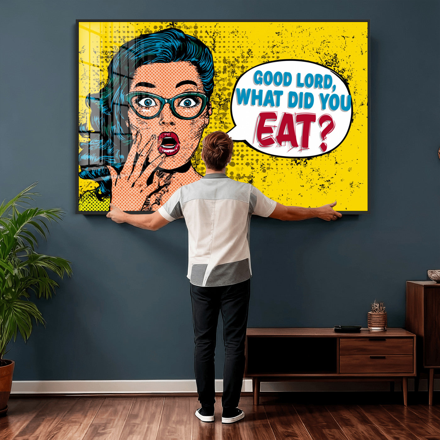 88217969-MGV-CV-36X24 - Pop Art Print Bathroom Sign Wall Art Canvas Print — Funny Bathroom Canvas | Comic Style Toilet Wall Decor | Humor Gift | Yellow Bold Bathroom Art