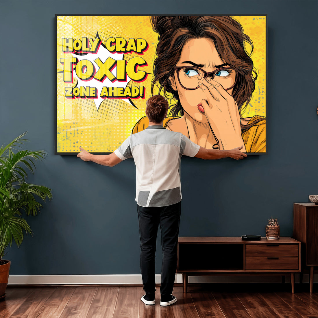 Pop Art Bathroom Sign Wall Art Canvas Print | Funny Yellow Comic Toilet Decor