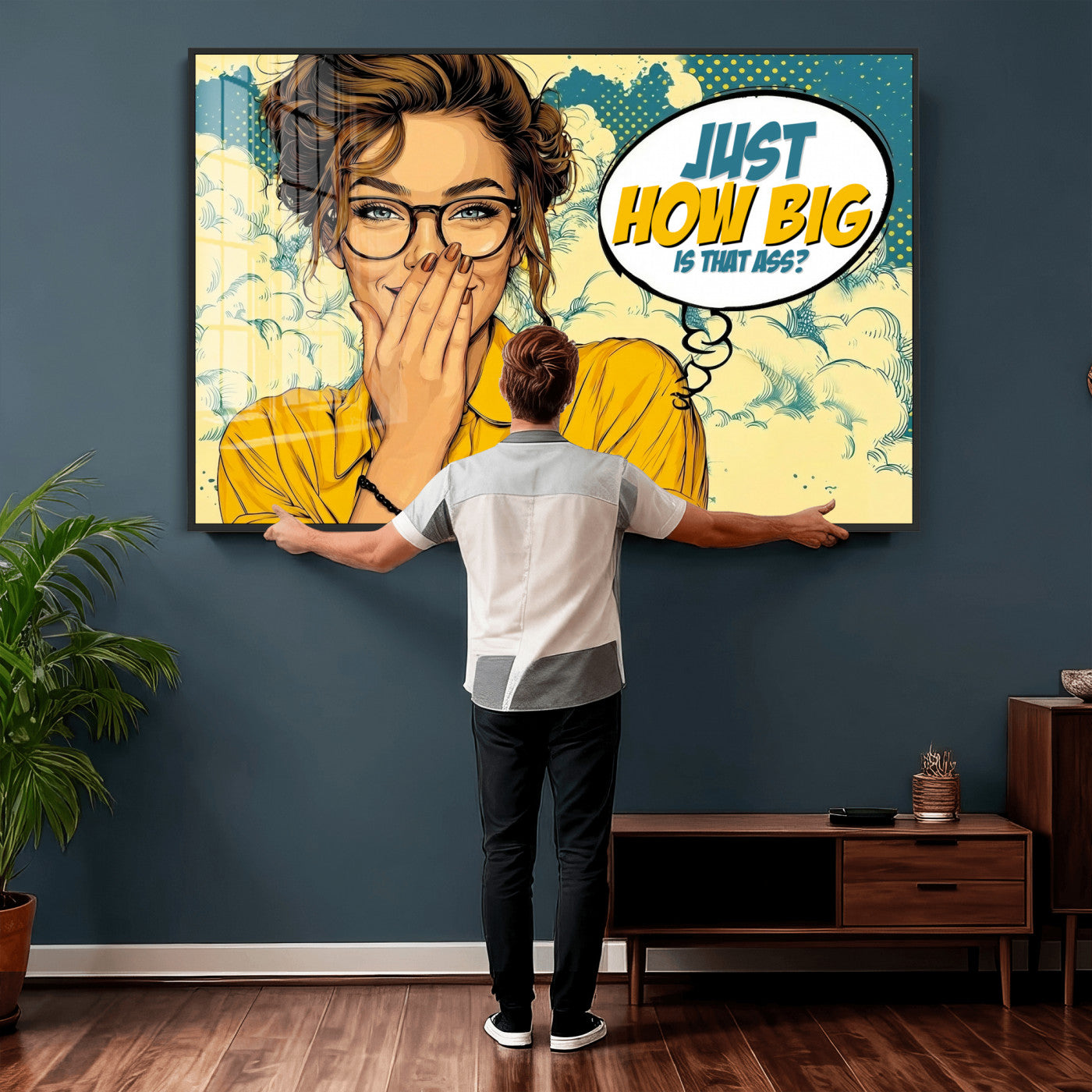 T79156505-MGV-CV-36X24 - Pop Art Print Bathroom Sign Wall Art Canvas Print — Funny Bathroom Canvas | Comic Style Toilet Wall Decor | Humor Gift | How Big Ass