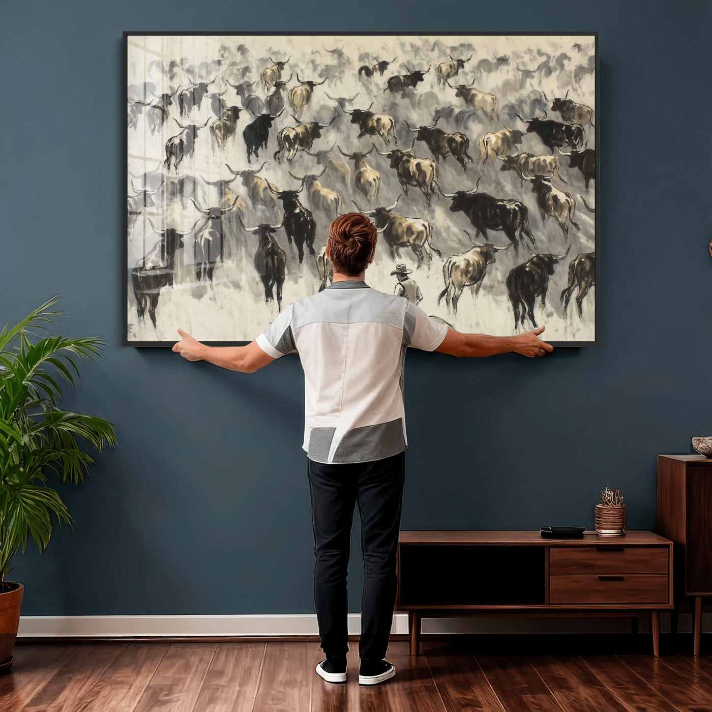 48049876-MGV-CV-36X24 - Cowboy Cattle Drive Canvas Wall Art, Western Longhorn Herd Ink Painting Print, Ranch Rodeo Decor, Black White Western Art, Large Living Room Art