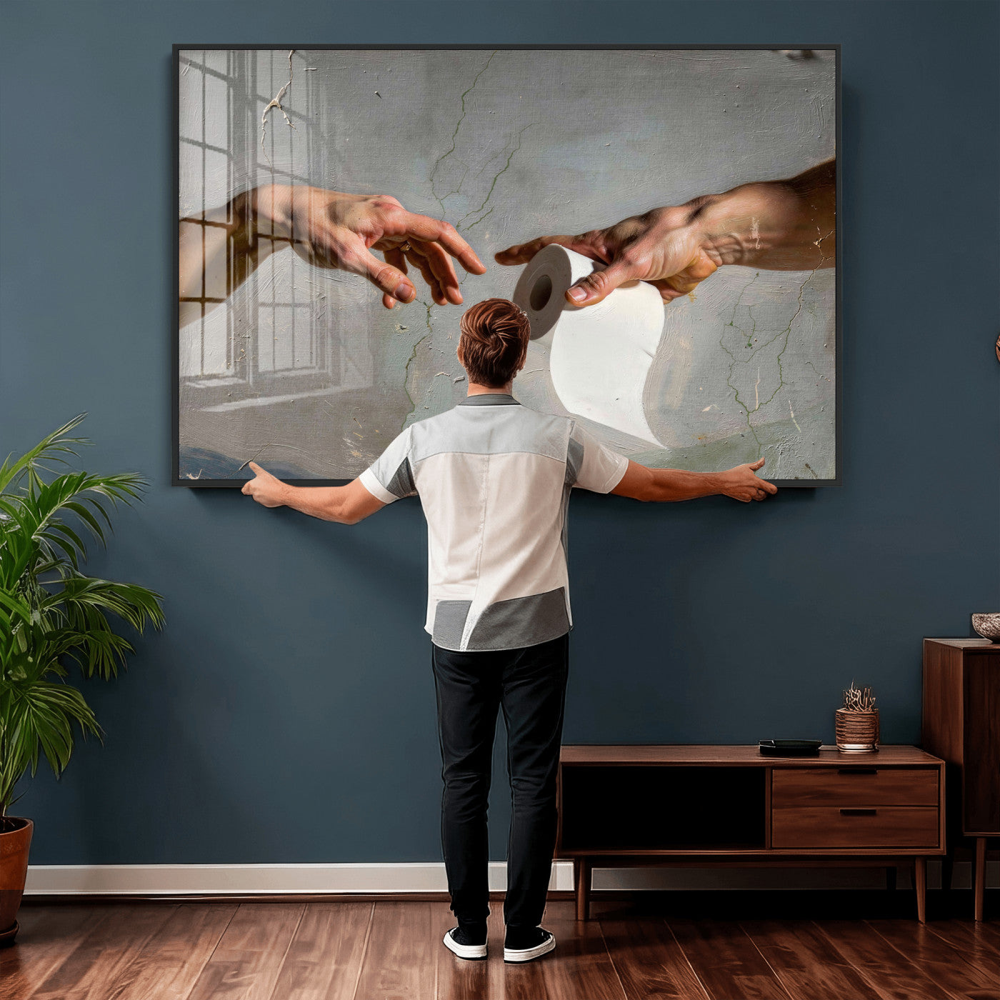 72030048-MGV-CV-36X24 - Funny Bathroom Wall Art Canvas, Creation of Toilet Paper Parody Print, Renaissance Humor Decor, Toilet Room Art, Quirky Housewarming Gift, Classic Art Spoof