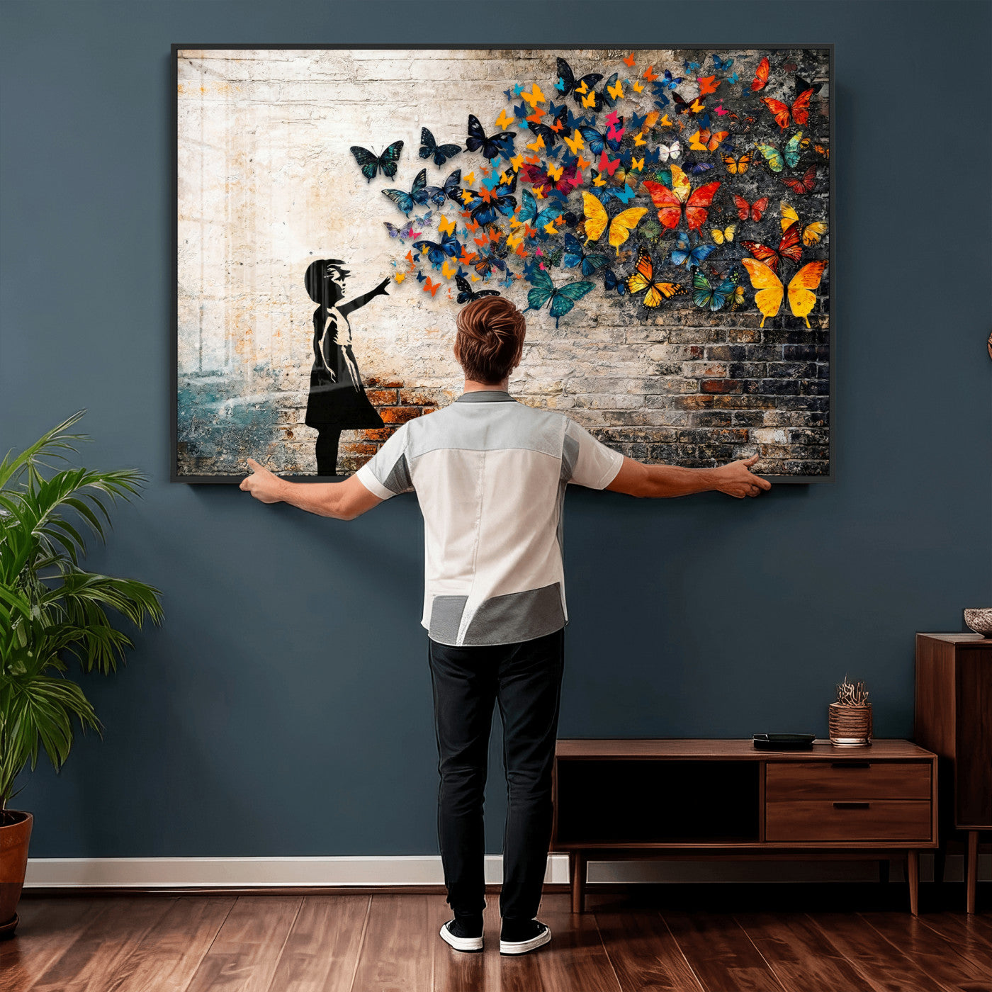 78760384-MGV-CV-36X24 - Banksy Graffiti Butterfly Girl Wall Art Canvas Print, Framed Street Art Canvas Print, Silhouette Butterfly Wall Art for Living Room Bedroom Office