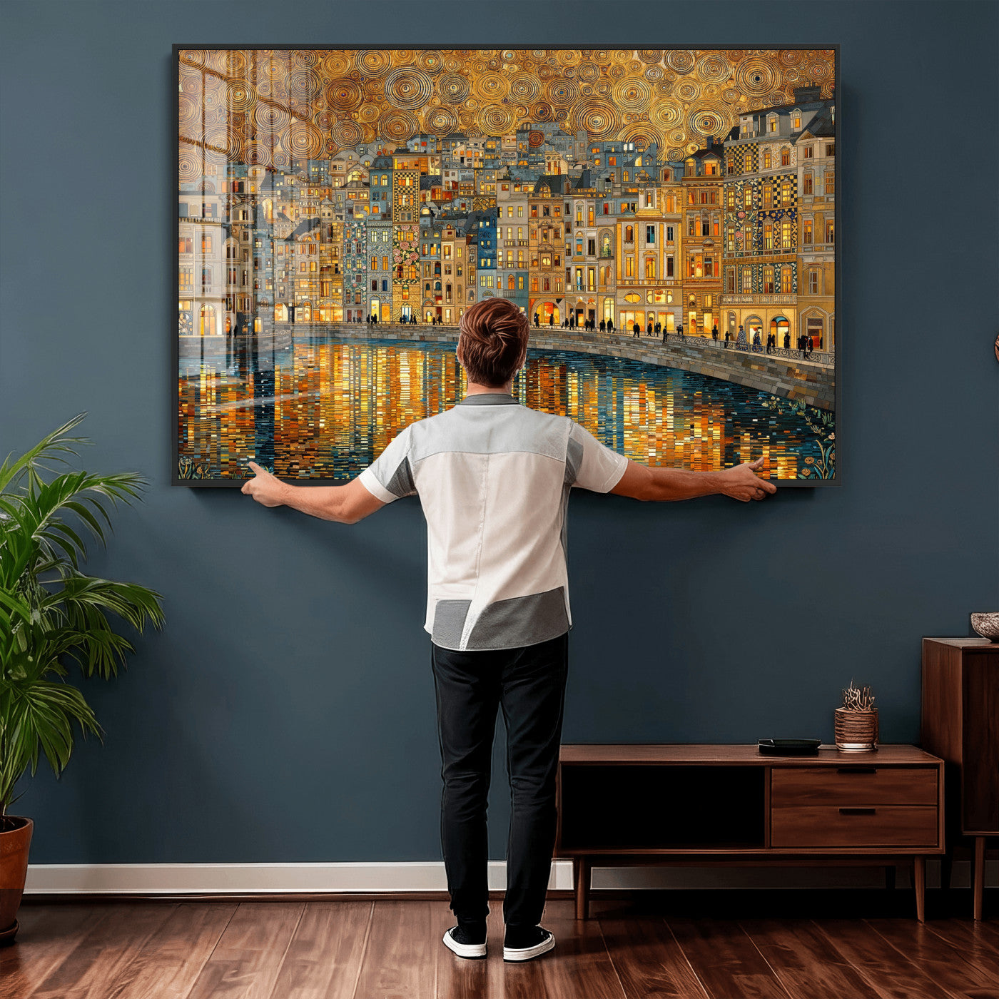 94022787-MGV-CV-36X24 - Gustav Klimt Golden Cityscape Wall Art Canvas Print, Framed River Town Landscape Artwork, Ornate Architecture Wall Decor for Living Room Bedroom Office
