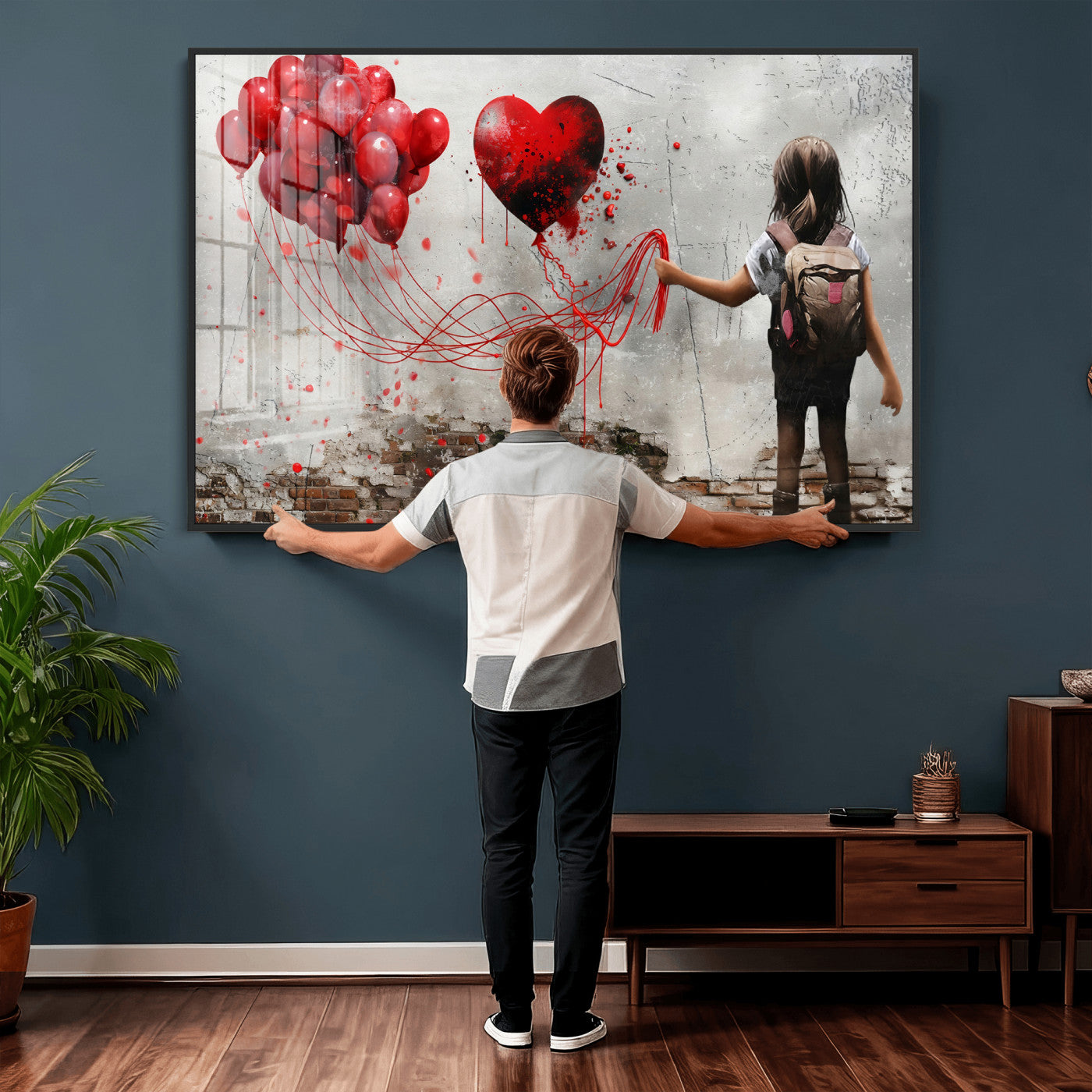 2162830T-MGV-CV-36X24 - Girl Graffiti Wall Art Canvas Print, Red Balloon Heart Street Art, Urban Love Artwork for Living Room Bedroom Hallway Office, Modern Abstract Canvas Wall Decor Home Decor