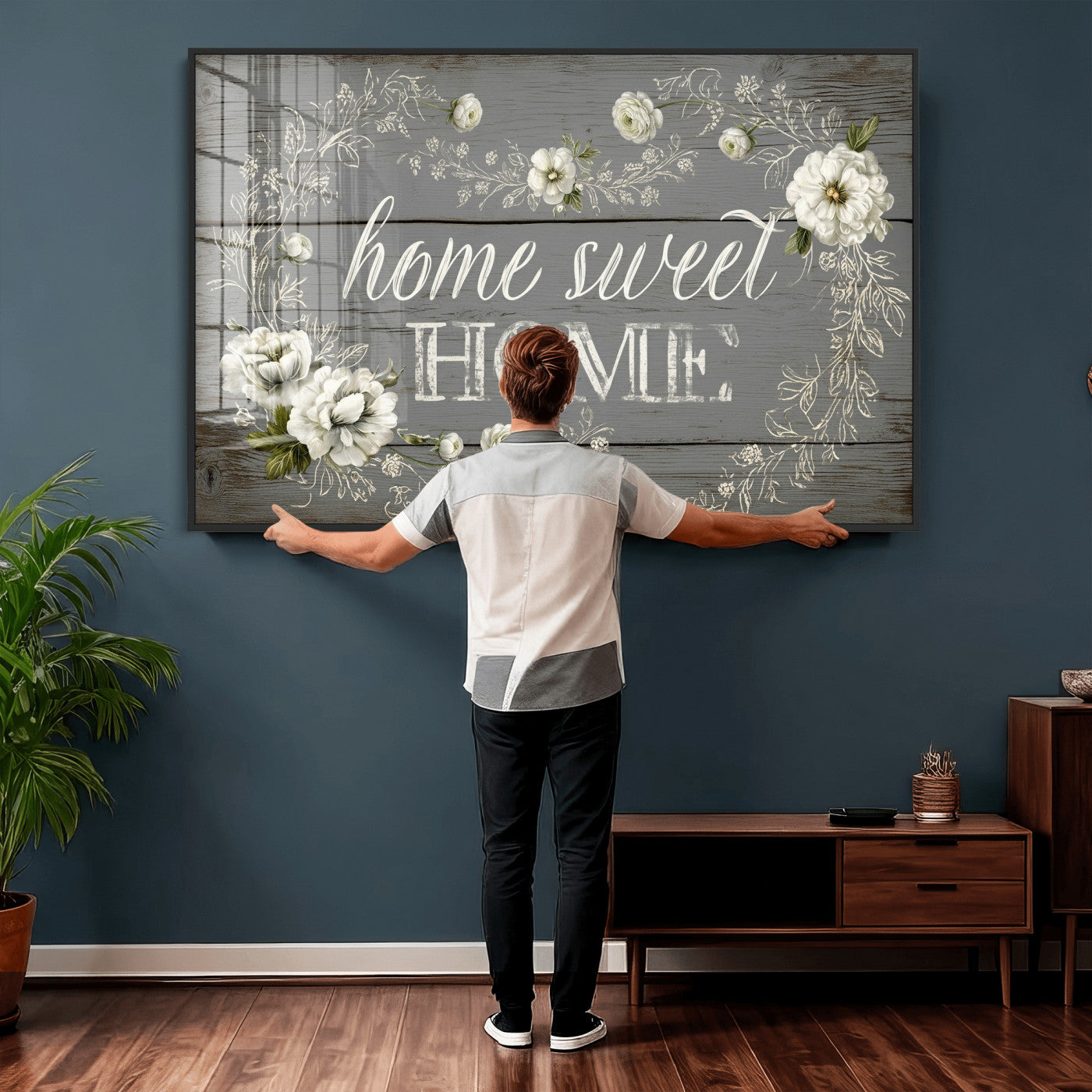 32056075-MGV-CV-36X24 - Home Sweet Home Wall Art Canvas Print, Floral Farmhouse Sign, Rustic Neutral Entryway Bedroom Living Room Decor