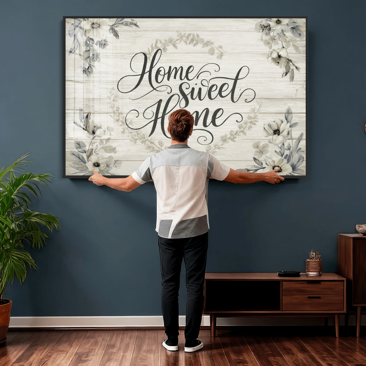81157008-MGV-CV-36X24 - Home Sweet Home Wall Art Canvas Print, Floral Farmhouse Sign, Rustic Neutral Entryway Bedroom Living Room Decor