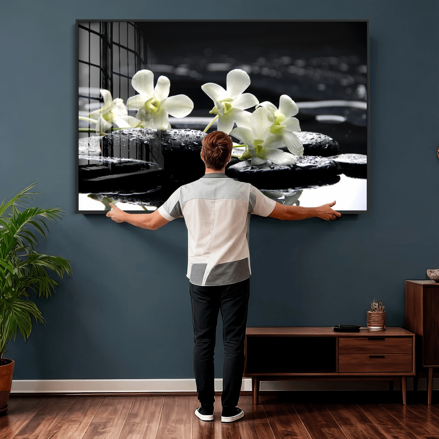 79486206-MGV-CV-36X24 - Plumeria Frangipani Black Stone Canvas | White Flower Spa Photography Print | Tropical Zen Wall Art | Grey Pebble Floral for Meditation Room Decor