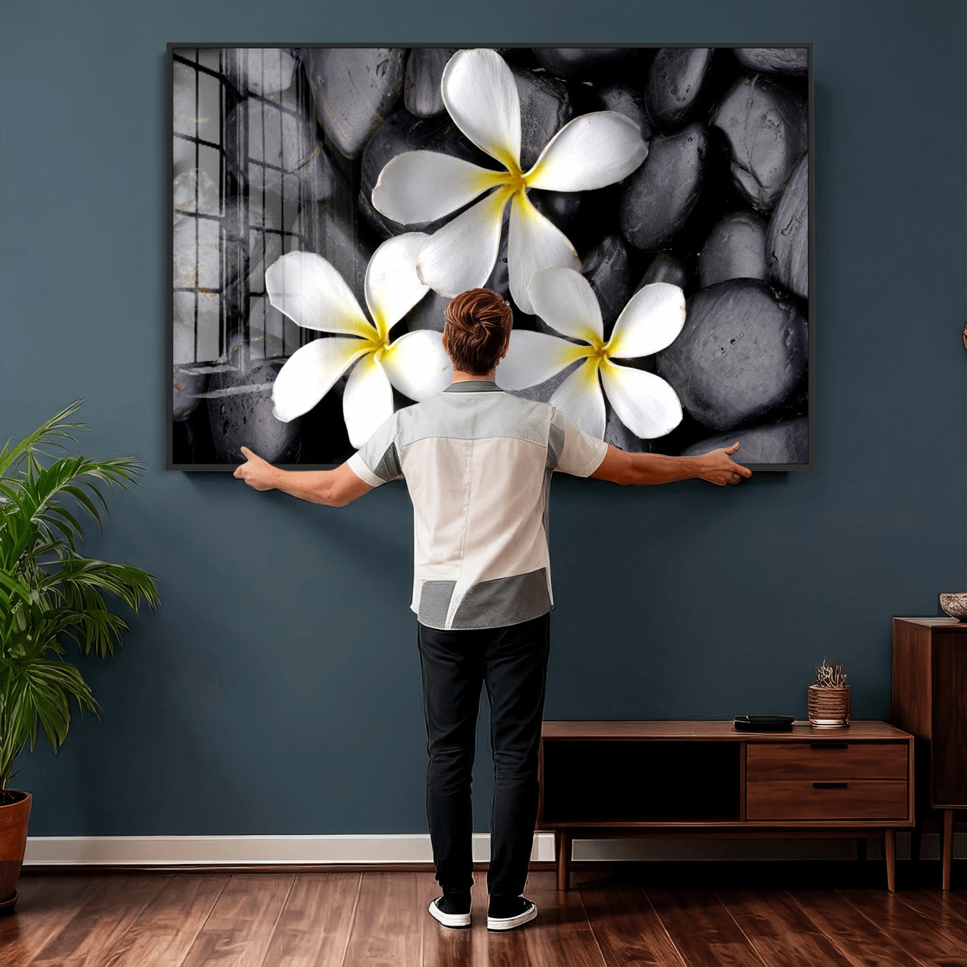 43639613-MGV-CV-36X24 - Plumeria Frangipani Black Stone Canvas | White Flower Spa Photography Print | Tropical Zen Wall Art | Grey Pebble Floral Decor