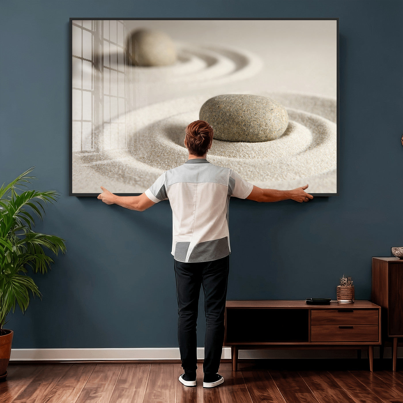 13397966-MGV-CV-36X24 - Zen Garden Stone Sand Canvas | Japanese Rock Garden Wall Art | Minimalist Meditation Print | Neutral Beige Mindfulness Decor