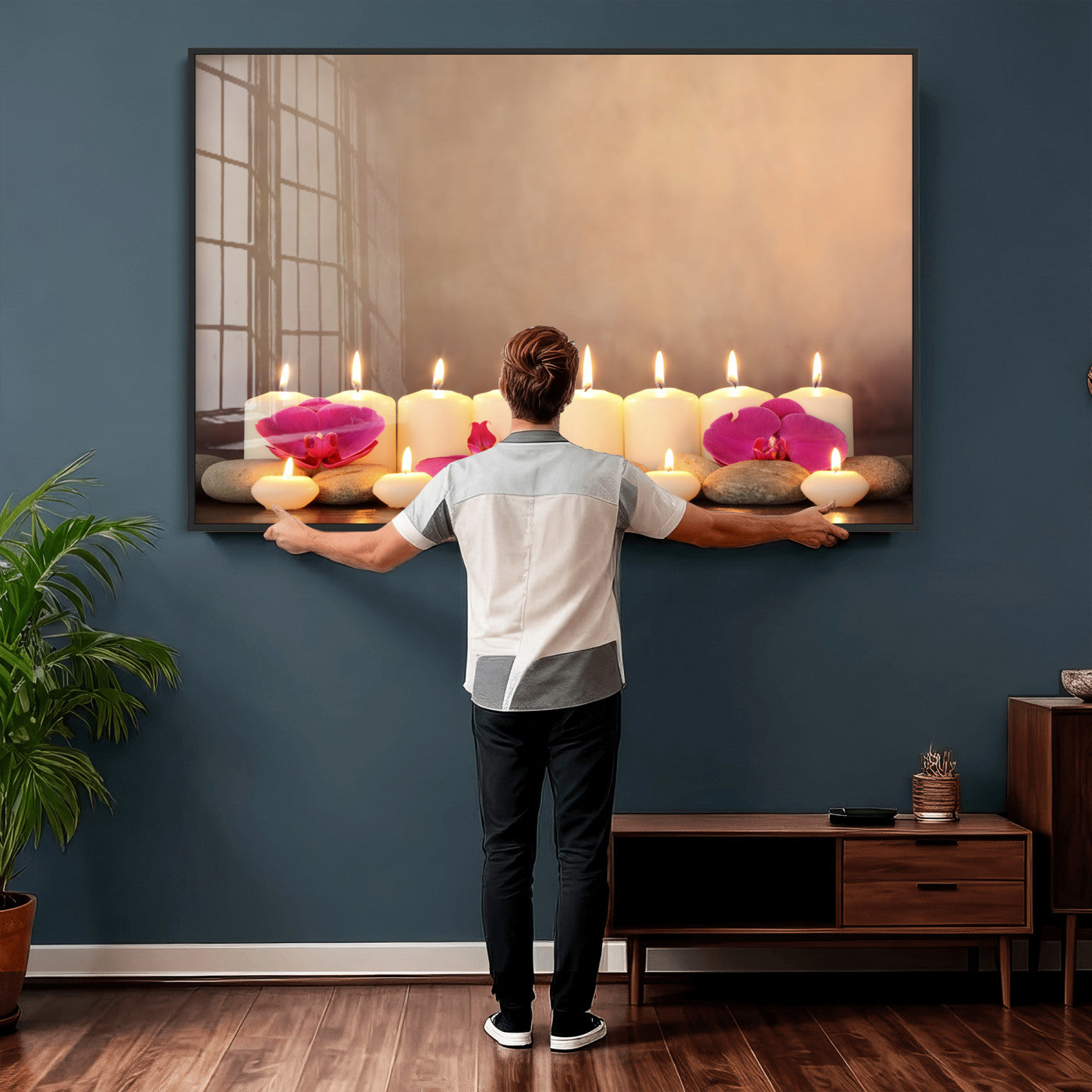 59470569-MGV-CV-36X24 - Spa Candles Orchid Canvas Print | Zen Wellness Relaxation Wall Art | Pink Flower Candlelight Bathroom Decor | Calm Beige Photography