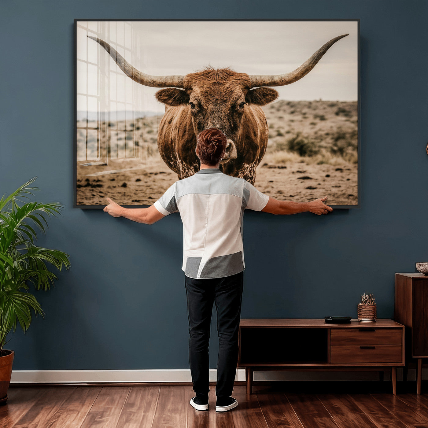 17622011K-MGV-CV-36X24 - Texas Longhorn Bull Wall Art Canvas Print, Western Farmhouse Cowboy Decor, Rustic Texas Ranch Cattle Artwork for Living Room Bedroom Office, Framed Wall Decor