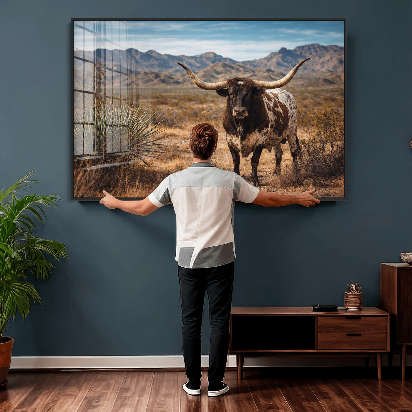 17622011S-MGV-CV-36X24 - Texas Longhorn Bull Wall Art Canvas Print, Western Farmhouse Cowboy Decor, Rustic Texas Ranch Cattle Artwork for Living Room Bedroom Office, Framed Wall Decor