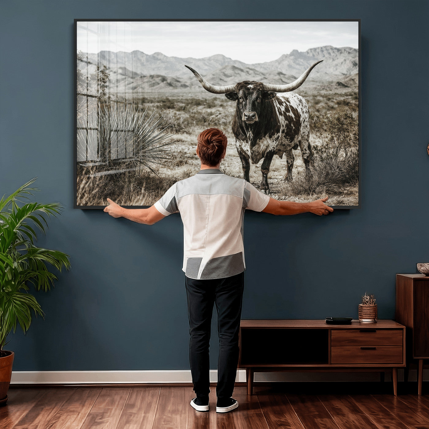 17622011H-MGV-CV-36X24 - Texas Longhorn Bull Wall Art Canvas Print, Western Farmhouse Cowboy Decor, Rustic Texas Ranch Cattle Artwork for Living Room Bedroom Office, Framed Wall Decor