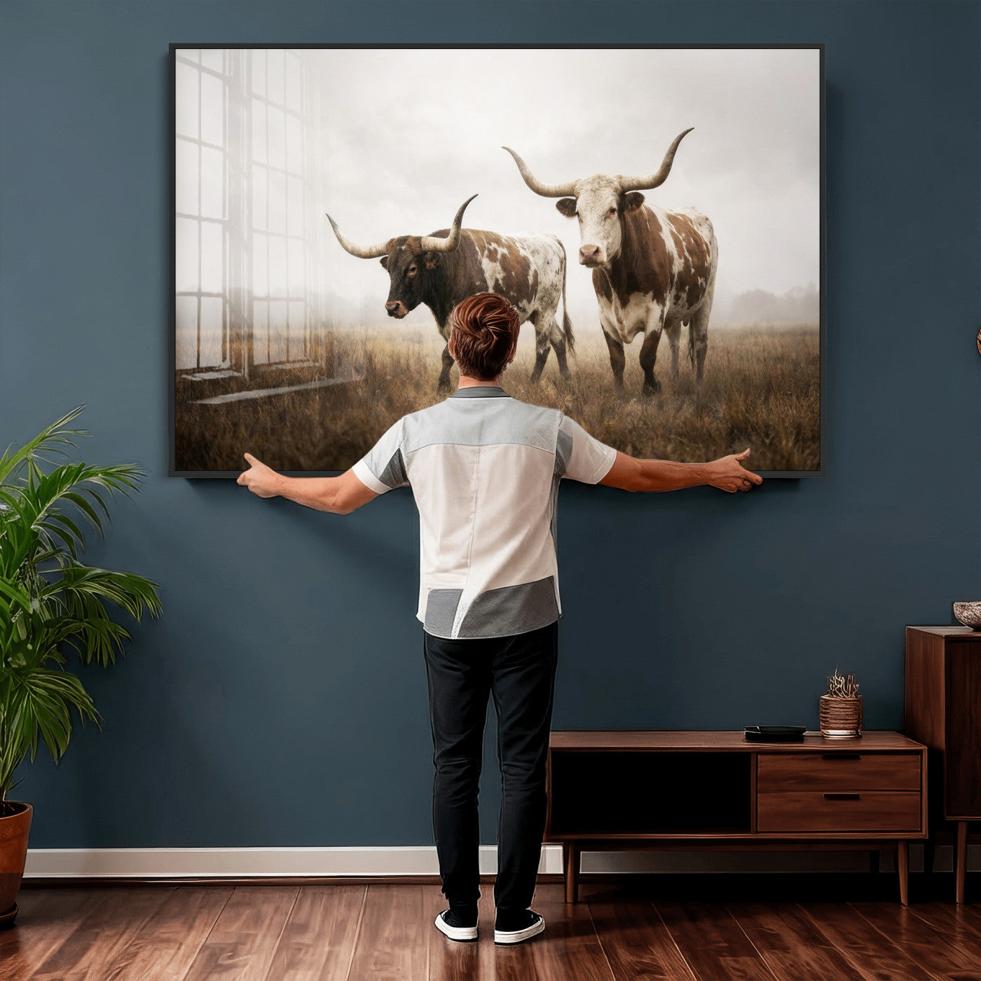 92881702-MGV-CV-36X24 - Texas Longhorn Canvas Wall Art Western Bull Desert Moody Grey Overcast Rustic Farmhouse Framed Large for Living Room Bedroom Office Decor