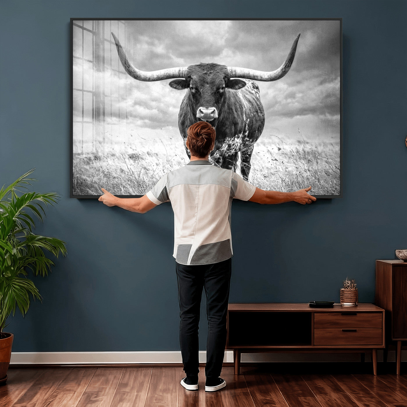 63336115-MGV-CV-36X24 - Texas Longhorn Canvas Wall Art Western Bull Desert Moody Grey Overcast Rustic Farmhouse Framed Large for Living Room Bedroom Office Decor