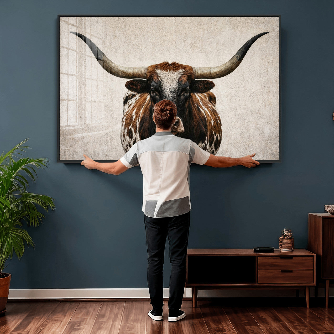 58622065-MGV-CV-36X24 - Texas Longhorn Canvas Wall Art Western Bull Desert Moody Grey Overcast Rustic Farmhouse Framed Large for Living Room Bedroom Office Decor