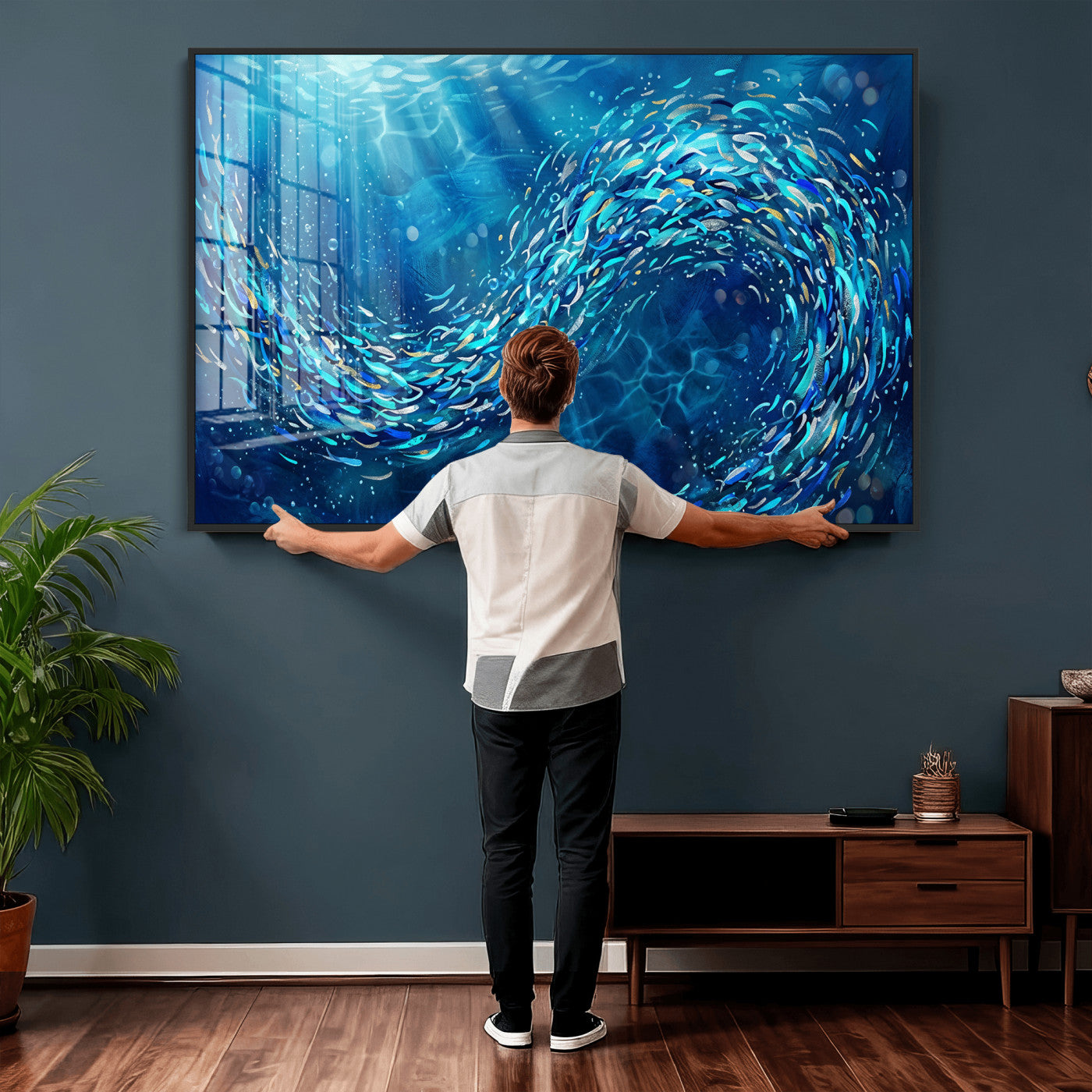 54535639-MGV-CV-36X24 - School of Fish Canvas Print | Blue Ocean Underwater Wall Art | Swirling Fish Shoal Illustration | Marine Navy Coastal Decor