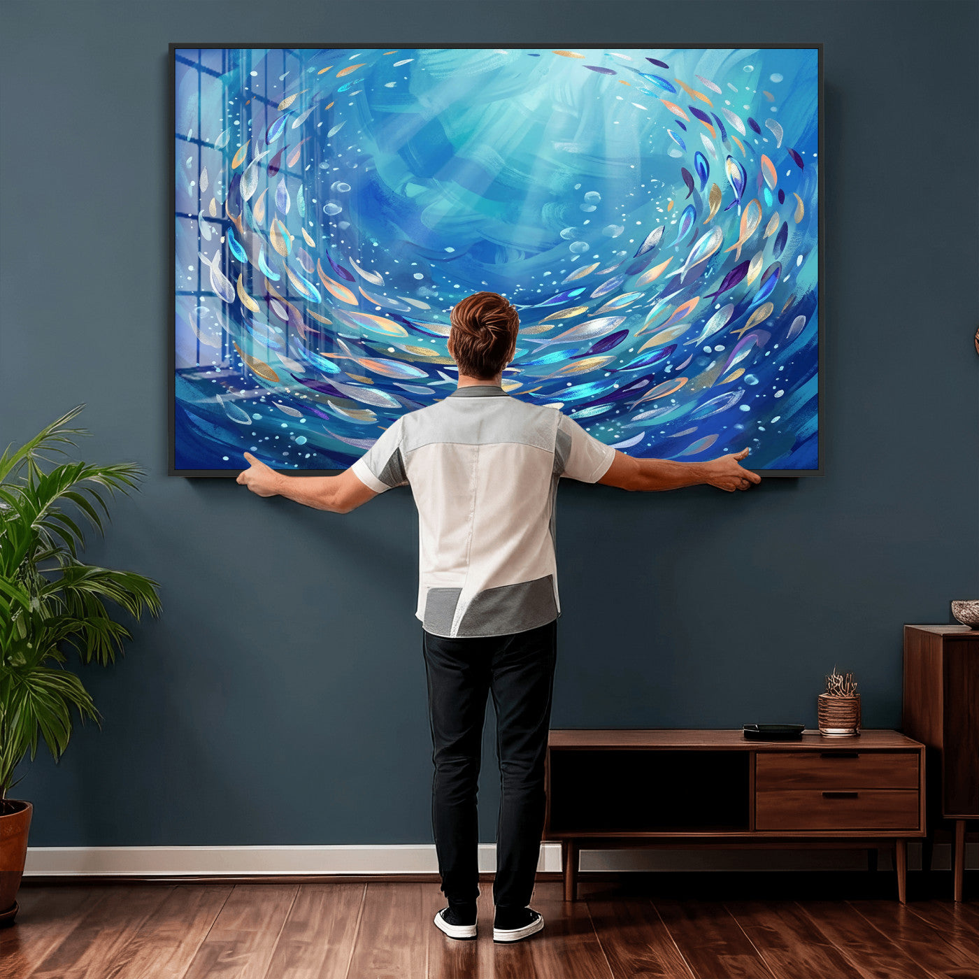78699899-MGV-CV-36X24 - School of Fish Canvas Print | Blue Ocean Underwater Wall Art | Swirling Fish Shoal Illustration | Marine Navy Coastal Decor