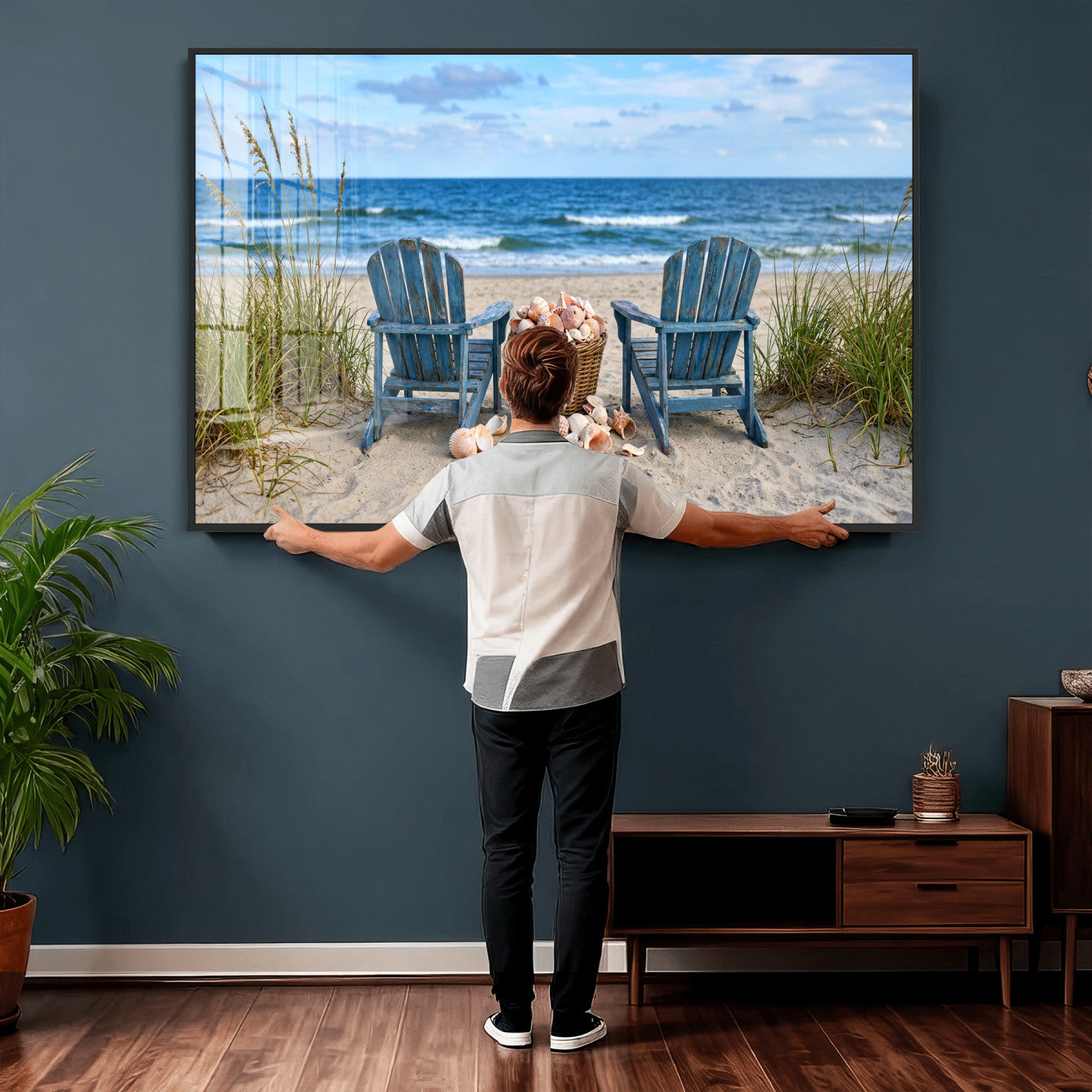 80268829-MGV-CV-36X24 - Large Beach Canvas Wall Art Coastal Adirondack Chairs Ocean Seashells Blue Nautical Framed Large for Living Room Bedroom Bathroom Decor