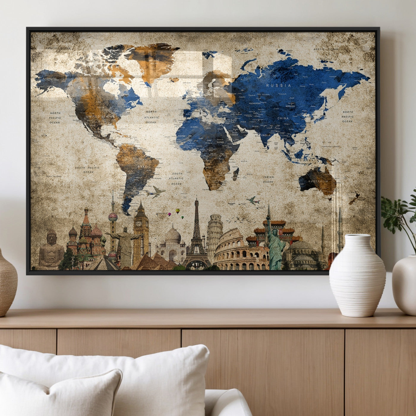 20261-MGV-FP-36X24-3P_Black-World Map Canvas Print – Vintage Blue and Gold World Map Wall Art, Framed Travel Inspired Decor for Living Room or Office