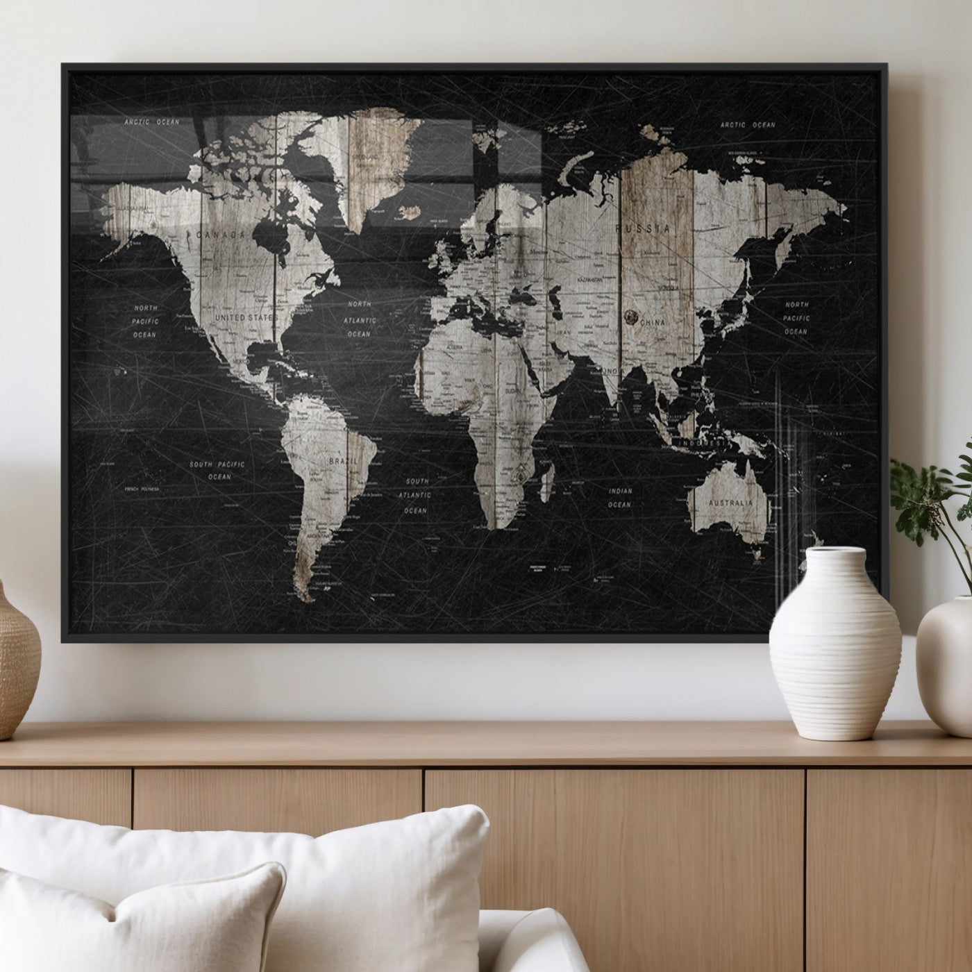 89998-MGV-FP-36X24-3P_Black-Rustic Black and Wood World Map Canvas Wall Art – Framed Push Pin Travel Map for Home and Office Decor, Modern Vintage Wall Artwork