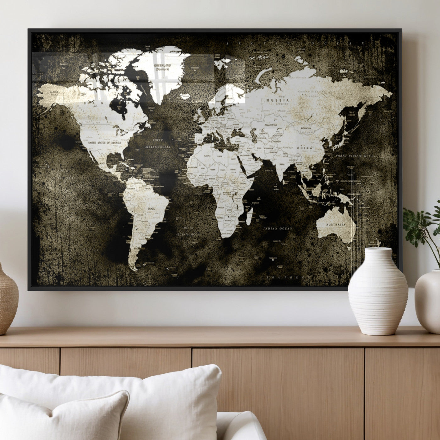 66737-MGV-FP-36X24-3P_Black-Vintage World Map Canvas Wall Art – Framed Push Pin Travel Map for Home and Office Decor, Rustic Wall Artwork for Travelers