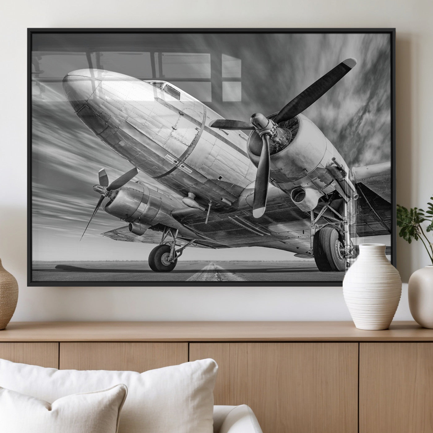 82744-MGV-FP-36X24-3P_Black-Vintage Airplane on Runway Canvas Print