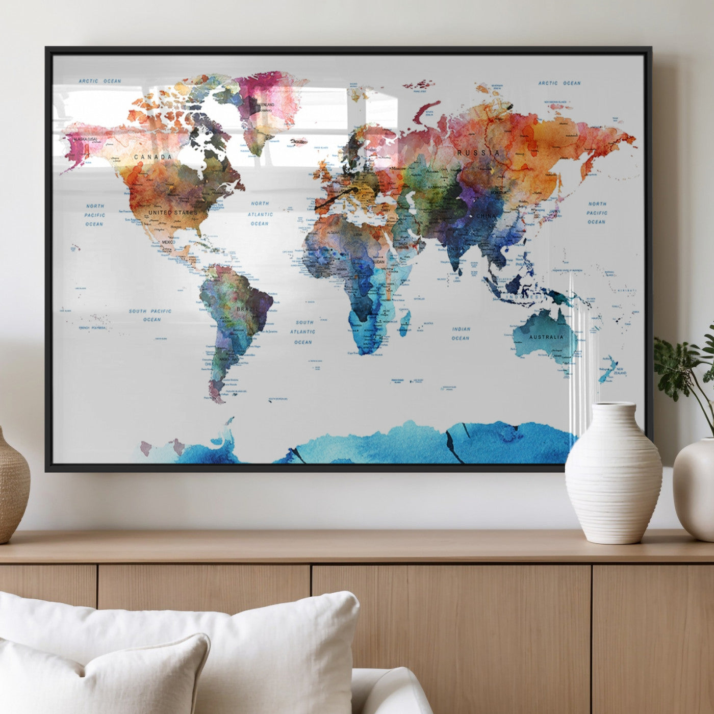 11576-MGV-FP-36X24-3P_Black-Vibrant Watercolor World Map Canvas Wall Art – Framed Push Pin Travel Map for Home and Office Decor, Modern Colorful Wall Artwork