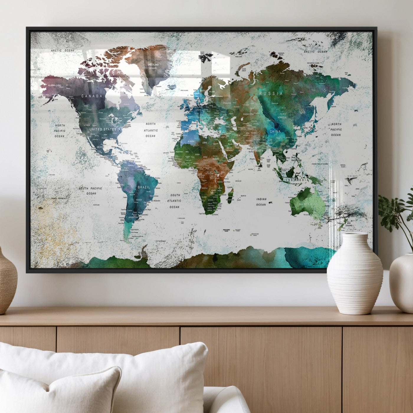 13140-MGV-FP-36X24-3P_Black-Modern Watercolor World Map Canvas Wall Art – Framed Abstract Map Print, Contemporary Travel Artwork for Elegant Home and Office Decor