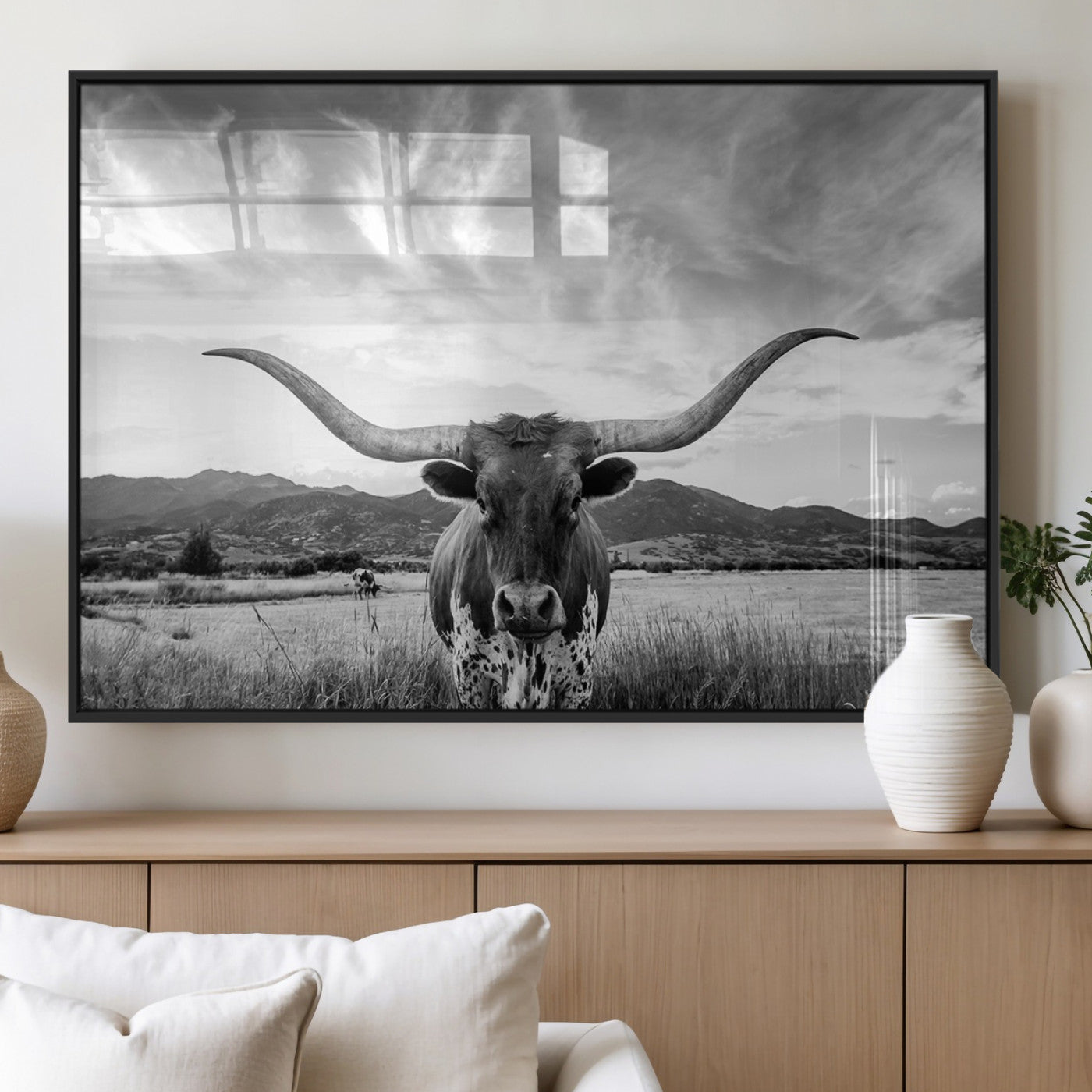 79527-MGV-FP-36X24-3P_Black-Longhorn Black and White Wall Art – Rustic Western Bull Canvas Print, Farmhouse Country Decor for Living Room, Office or Ranch, Cowboy Wall Artwork