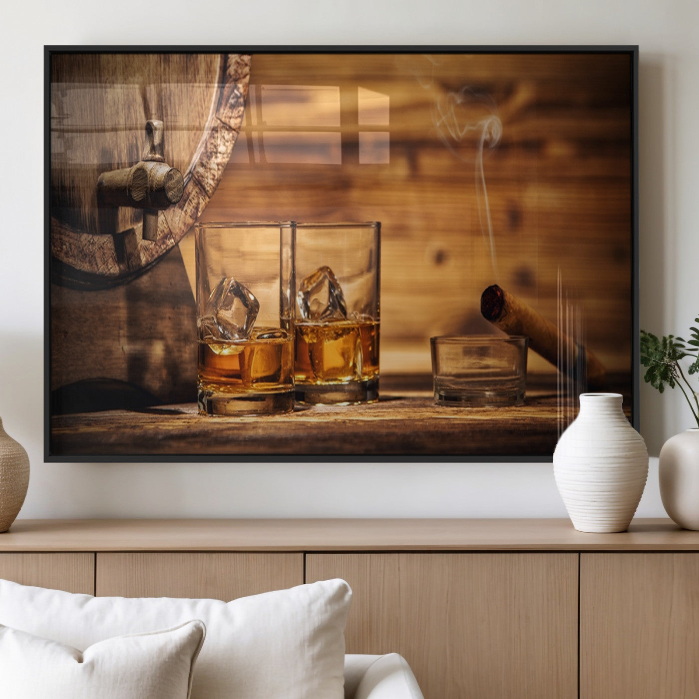 96798-MGV-FP-36X24-3P_Black-Rustic Whiskey and Barrel Canvas Print