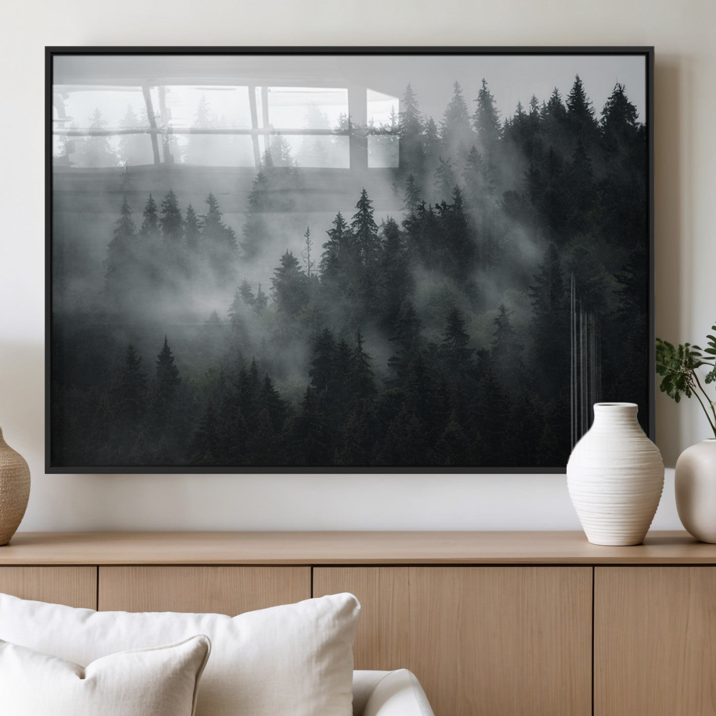 52359-MGV-FP-36X24-3P_Black-Foggy Forest Wall Art Canvas Print | 3 Panel Large Misty Landscape for Dining Room, Office, or