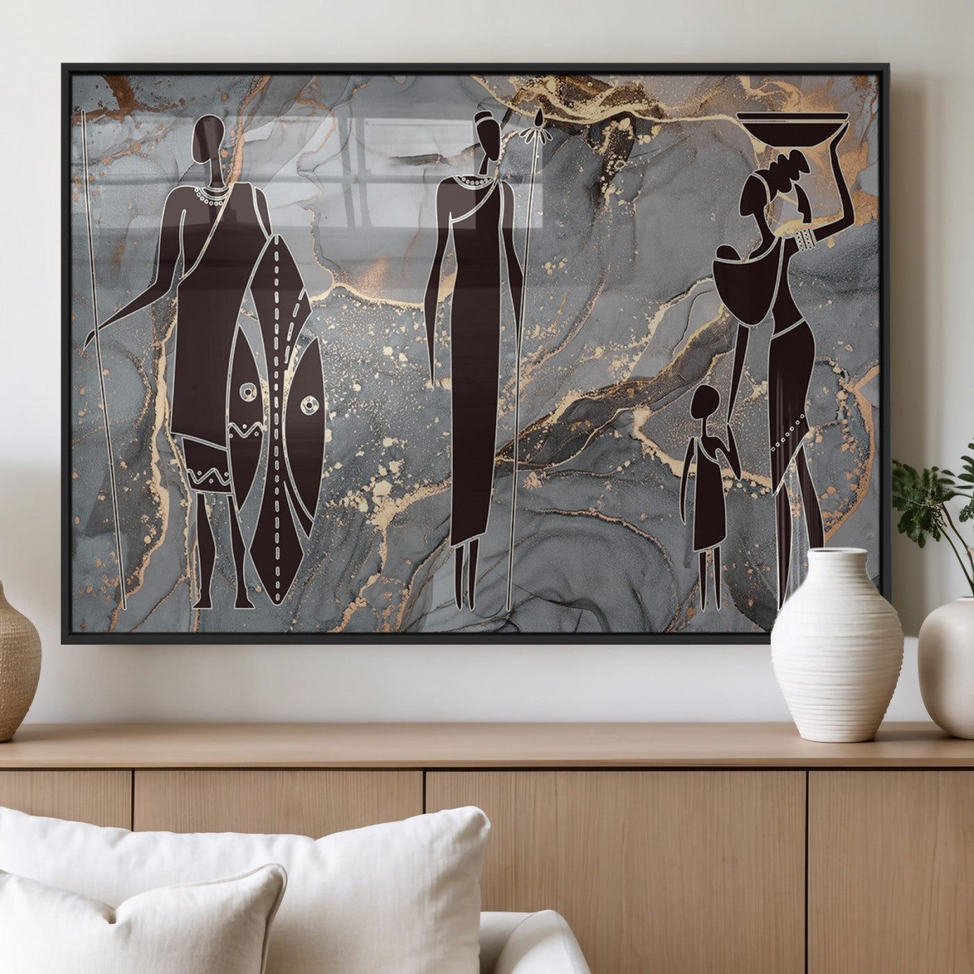81756-MGV-FP-36X24-3P_Black-African American Wall Art – Elegant African Women Canvas Print, Modern Ethnic Painting for Living Room or Office Decor