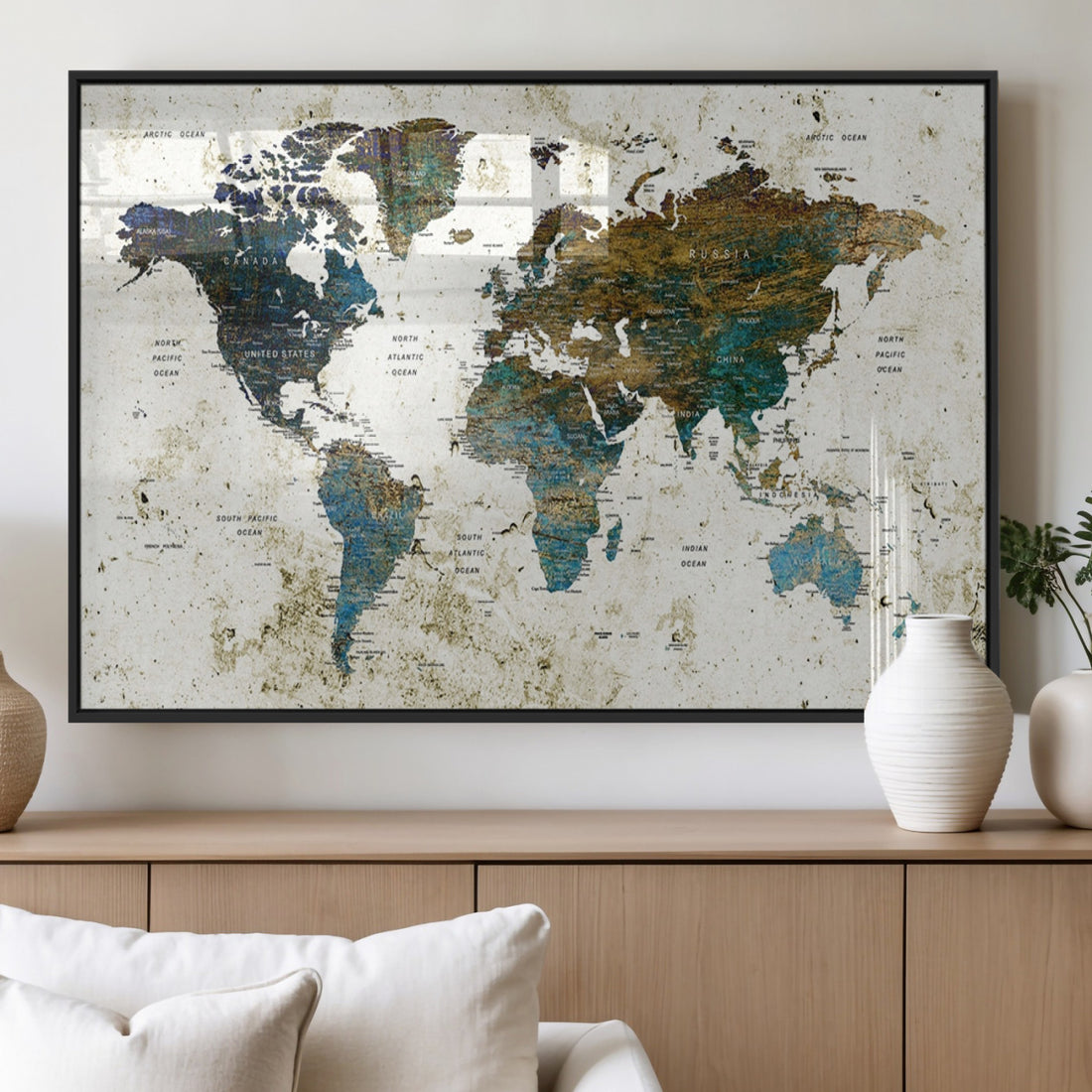 Vintage World Map Wall Art Canvas Print, Framed Rustic Earth Tone Map