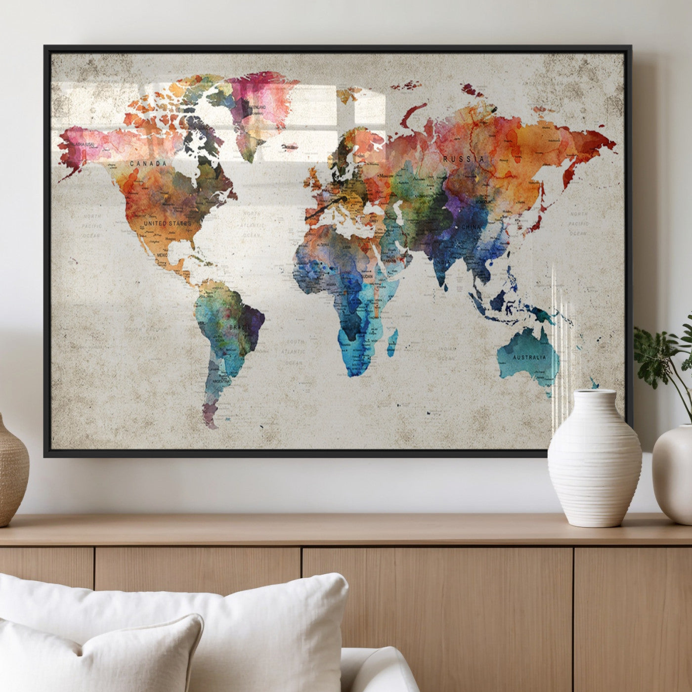 66549-MGV-FP-36X24-3P_Black-Colorful Watercolor World Map Canvas Wall Art – Framed Push Pin Travel Map for Home and Office Decor, Artistic Modern Wall Artwork