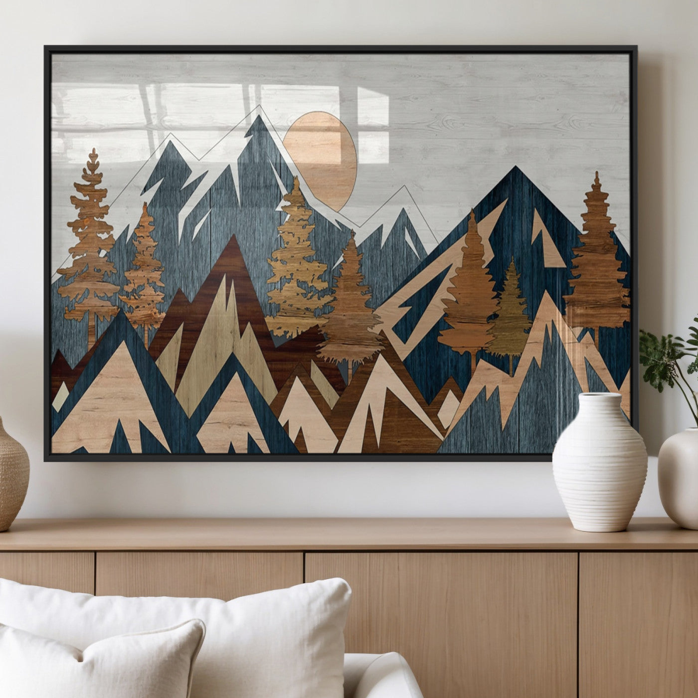 91467-MGV-FP-36X24-3P_Black-Abstract Wood Panel Effect Mountain Range Top Wall Art Canvas Print