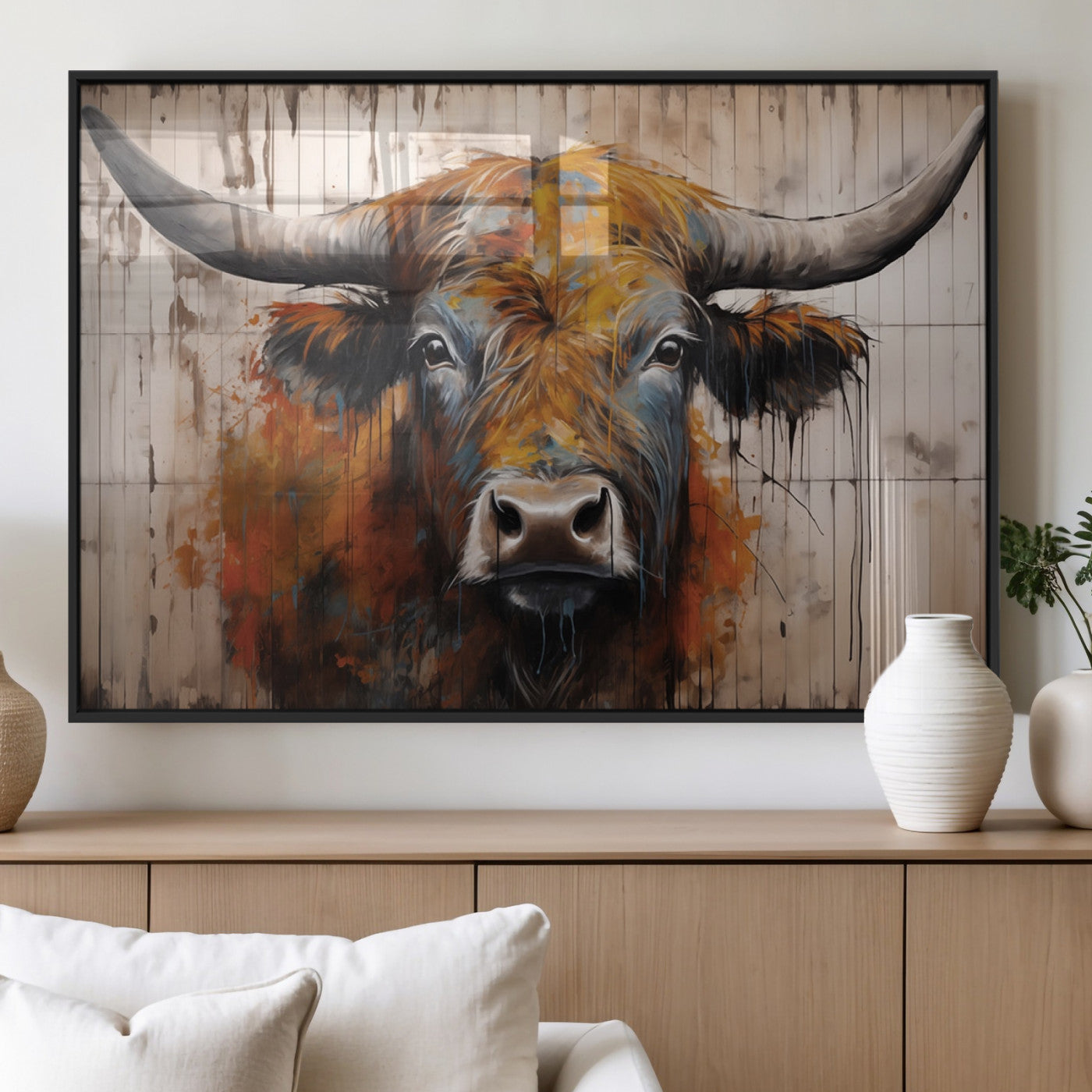 47284-MGV-FP-36X24-3P_Black-Abstract Bull Highland Cow Canvas Wall Art Print – Vibrant Rustic Charm in Modern Farmhouse Decor –