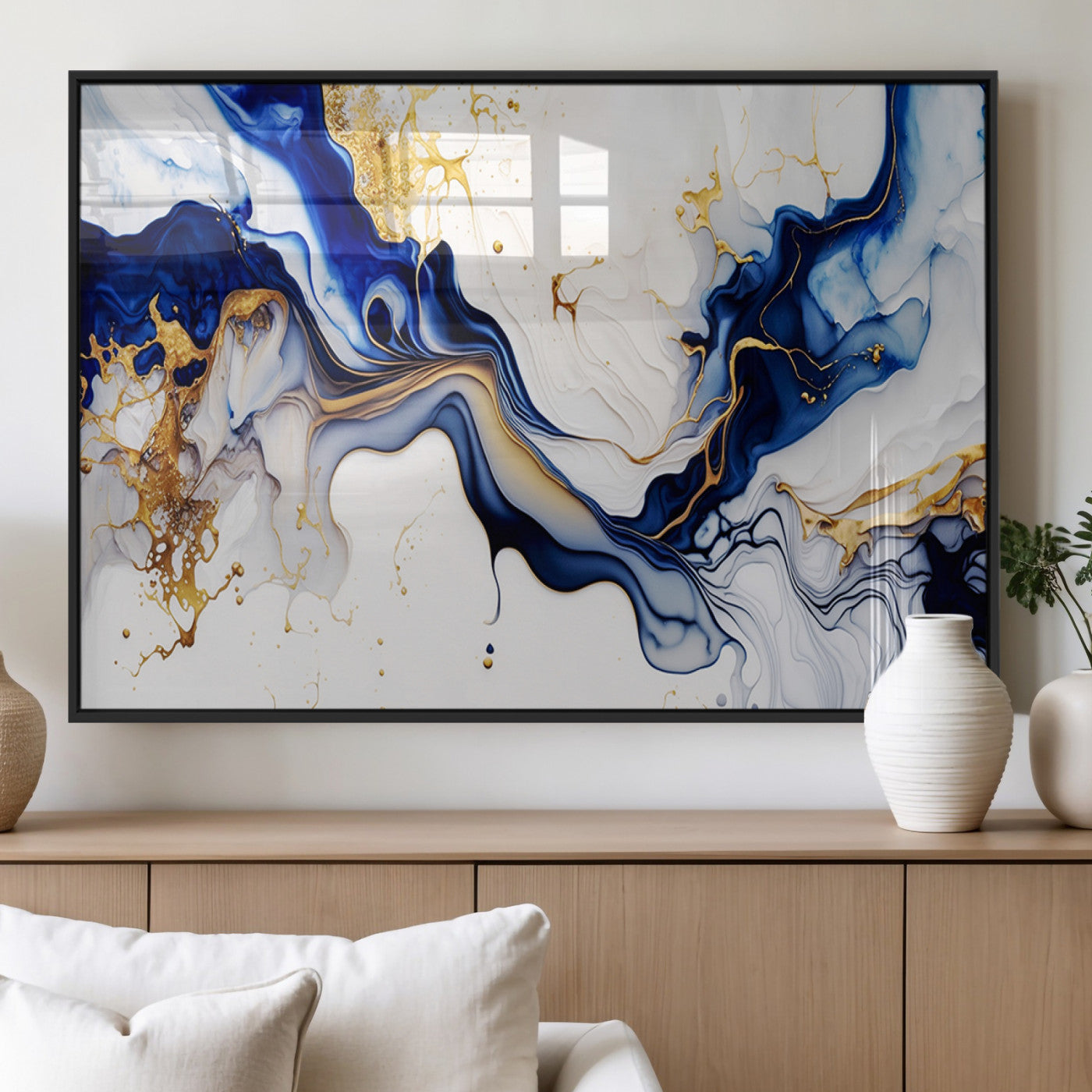 93392-MGV-FP-36X24-3P_Black-Golden Cascades on Midnight Blue – Deep Blue Abstract Wall Art Flowing Elegance | Wall Art Canvas,