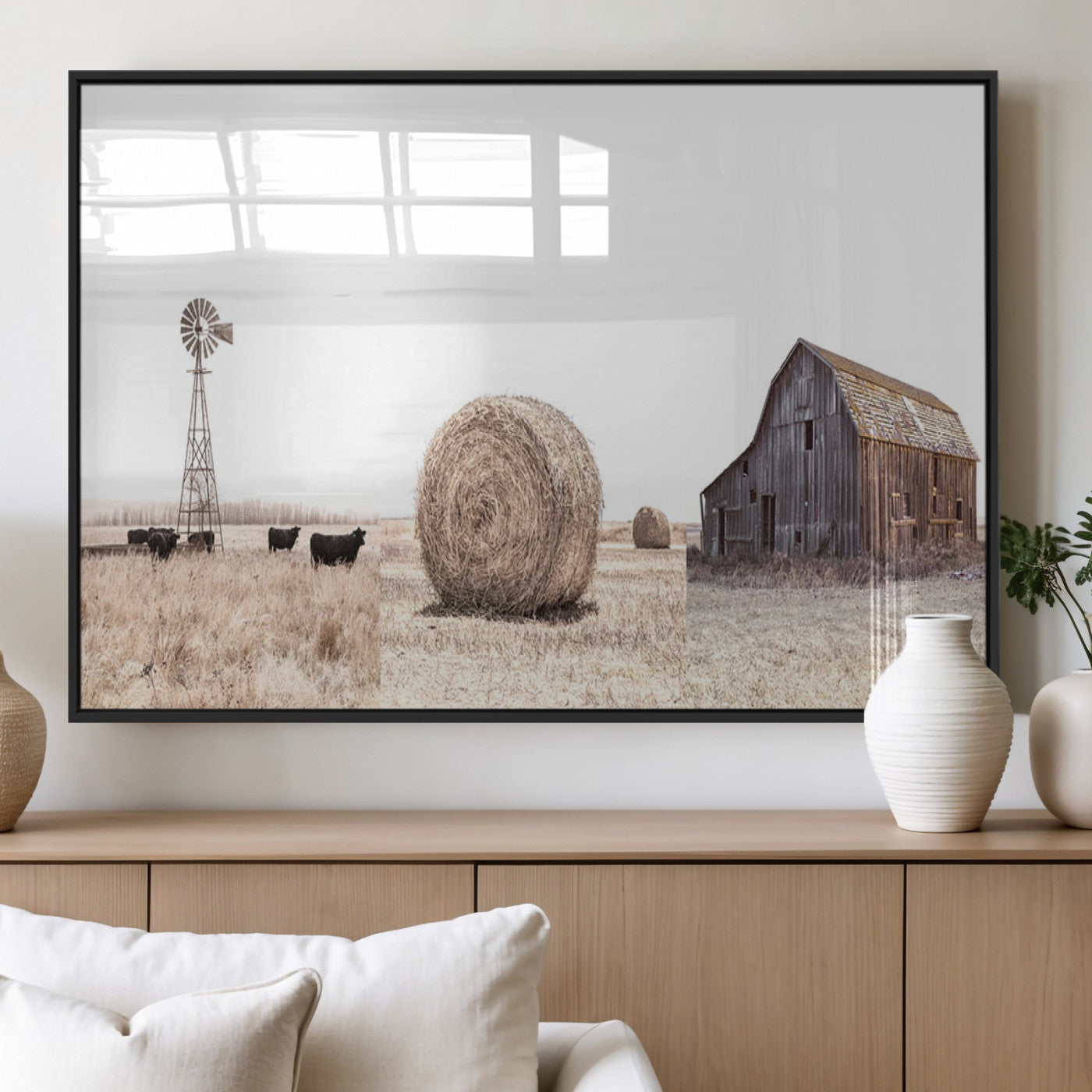 30918-MGV-FP-36X24-3P_Black-Rustic Farmhouse Wall Art Set of 3 – Country Barn and Wheat Field | Farm Prints for Country Home and